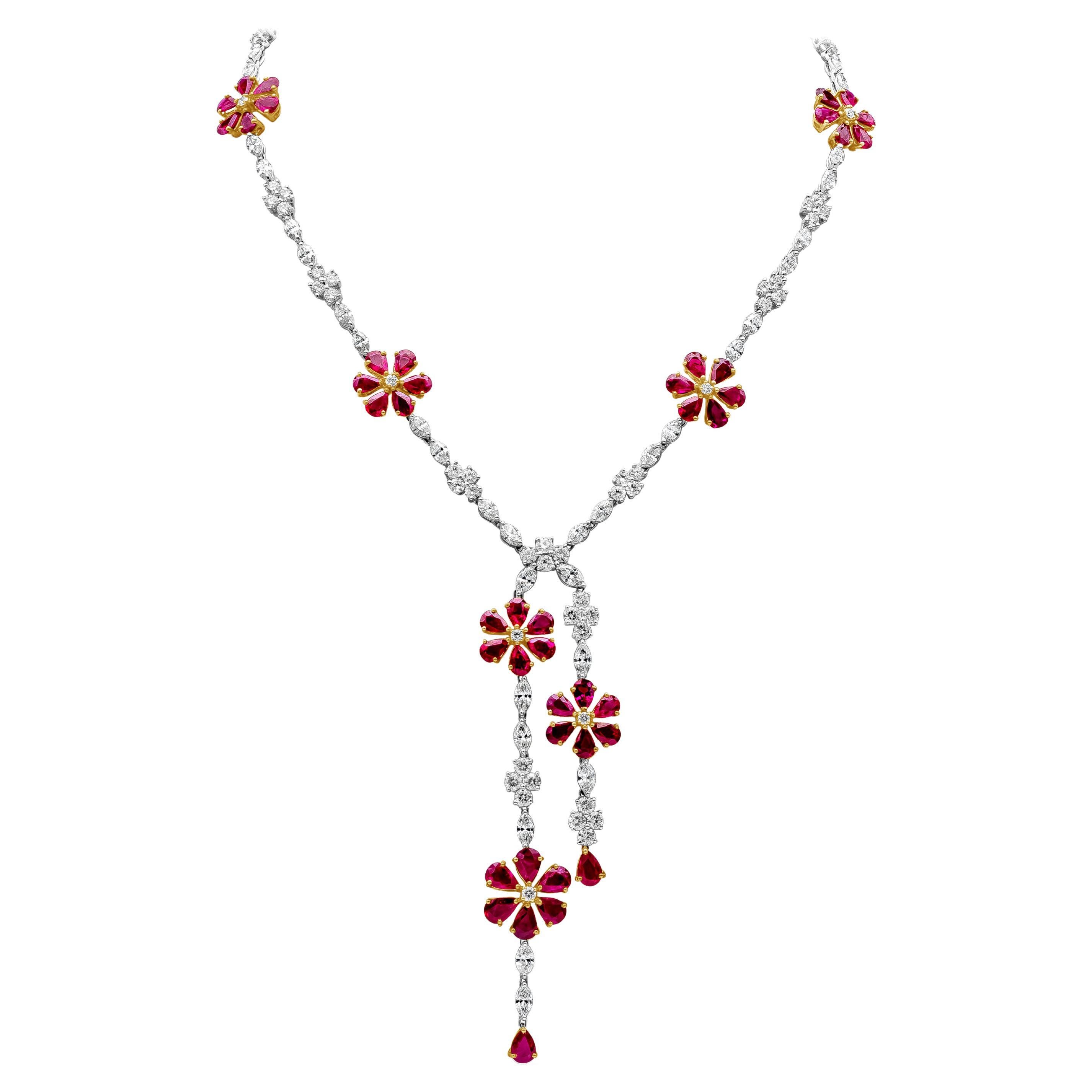 Roman Malakov 41.90 Carats Total Mix-Cut Ruby and Diamond Flower-Motif Necklace