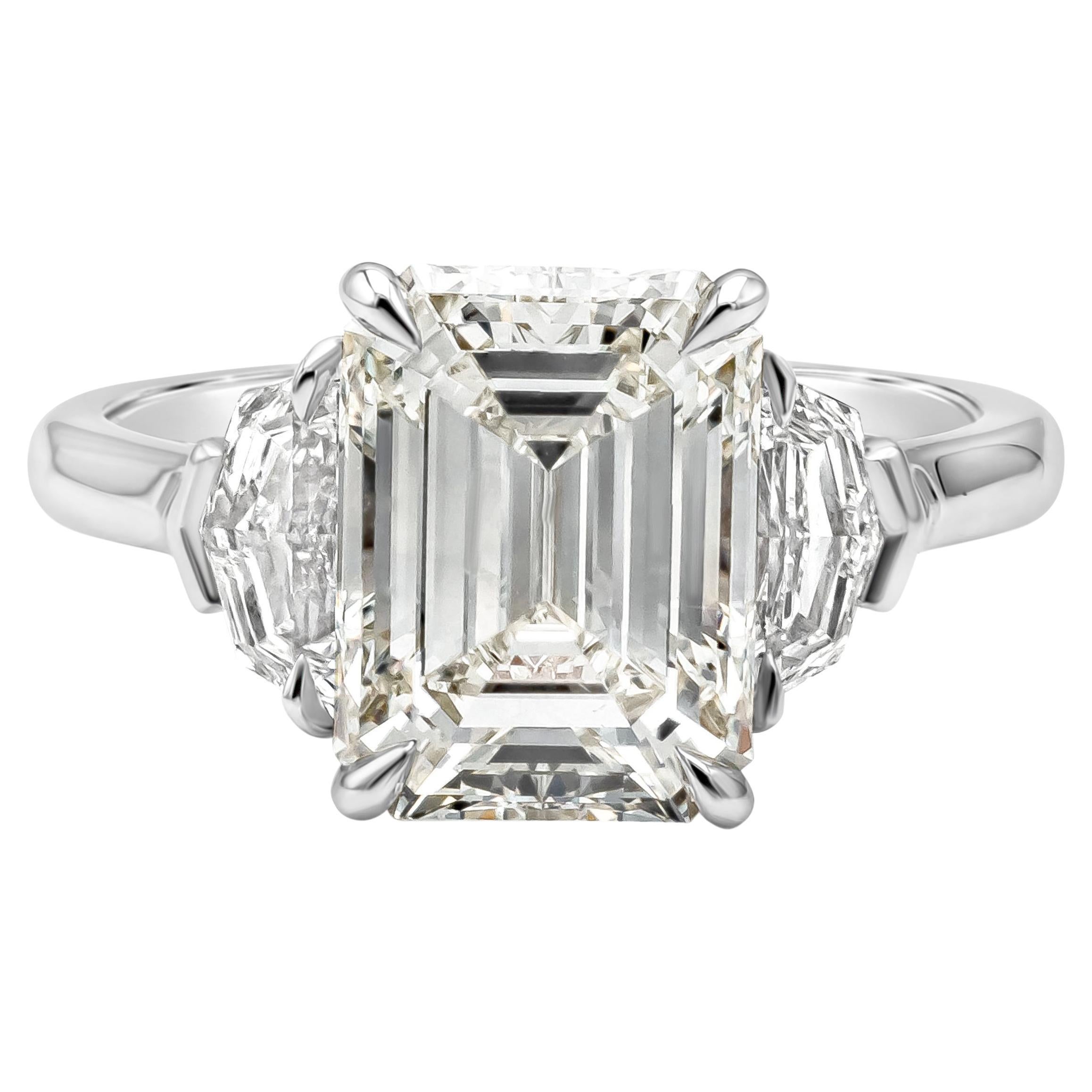 GIA Certified 4.20 Carats Emerald Cut Diamond Three-Stone Engagement Ring