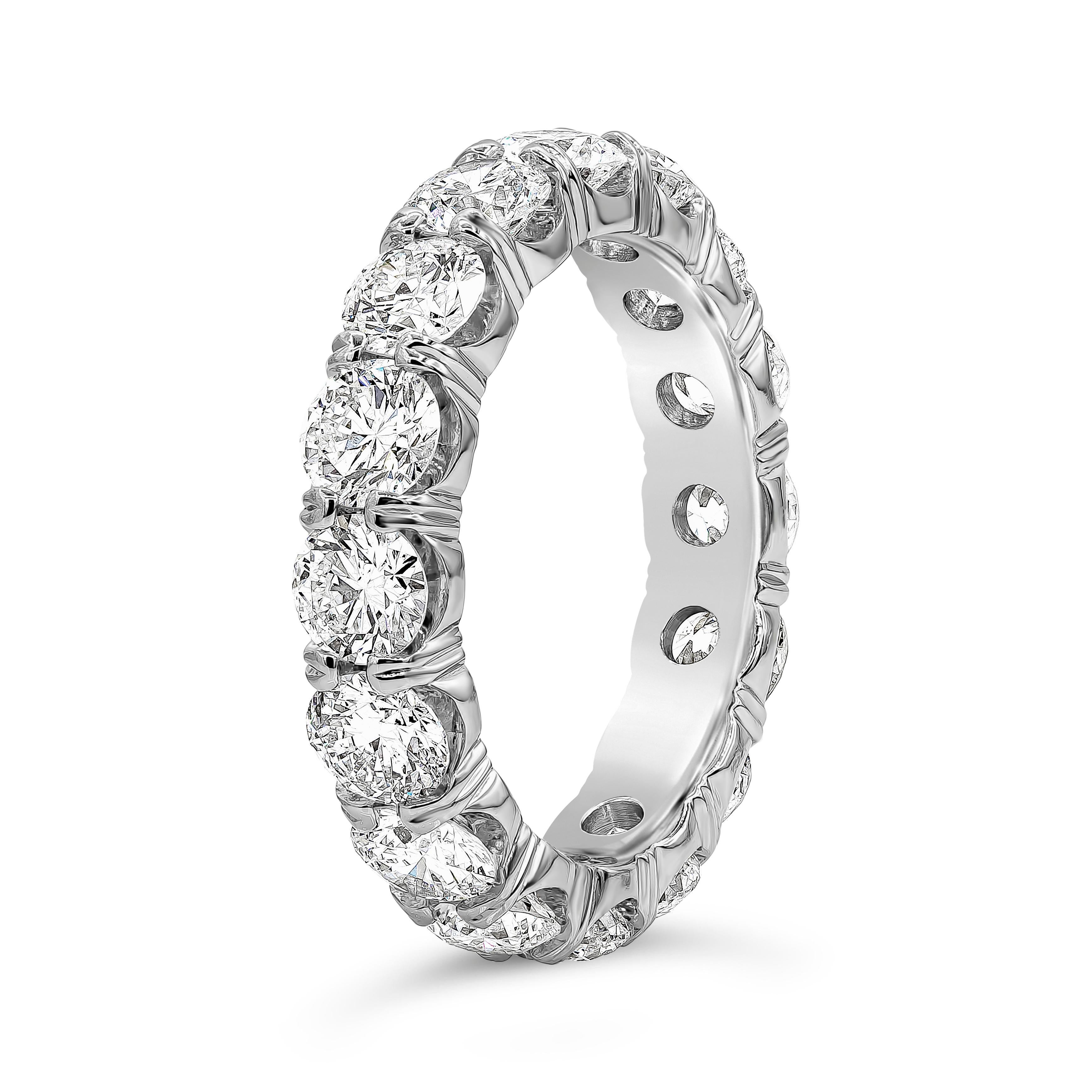 A classic and timeless eternity band style showcasing a row of round brilliant diamonds weighing 4.22 carats total, F Color and SI2- I1 in Clarity. Set in a shared-prong, Made with Platinum. Size 6.5 US

Style available in different price ranges.