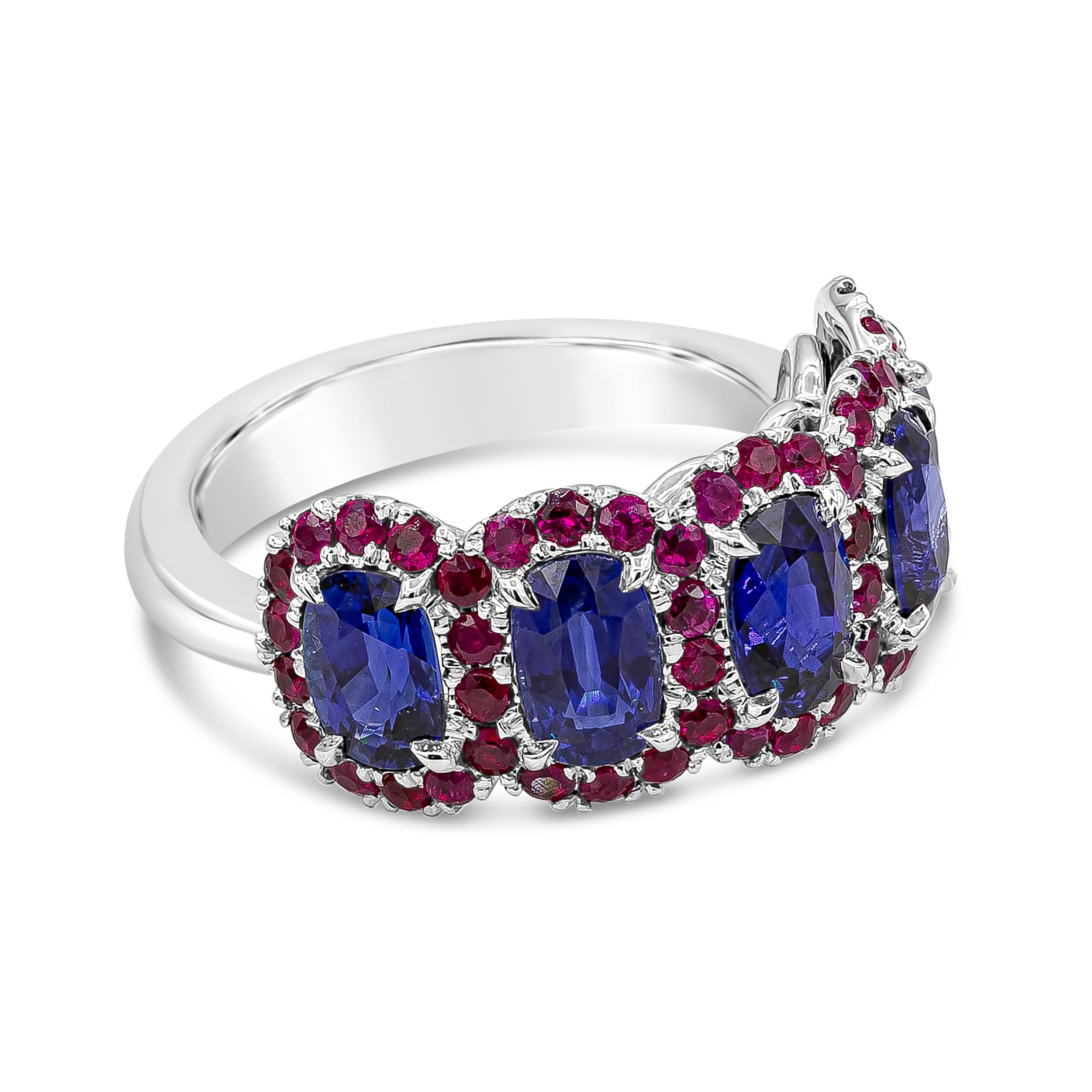 Showcasing five elongated cushion cut blue sapphires weighing 3.18 carats total. Each surrounded by a row of color-rich vibrant rubies weighing 1.08 carats total. Made with 18K White Gold 

Style available in different price ranges. Prices are based