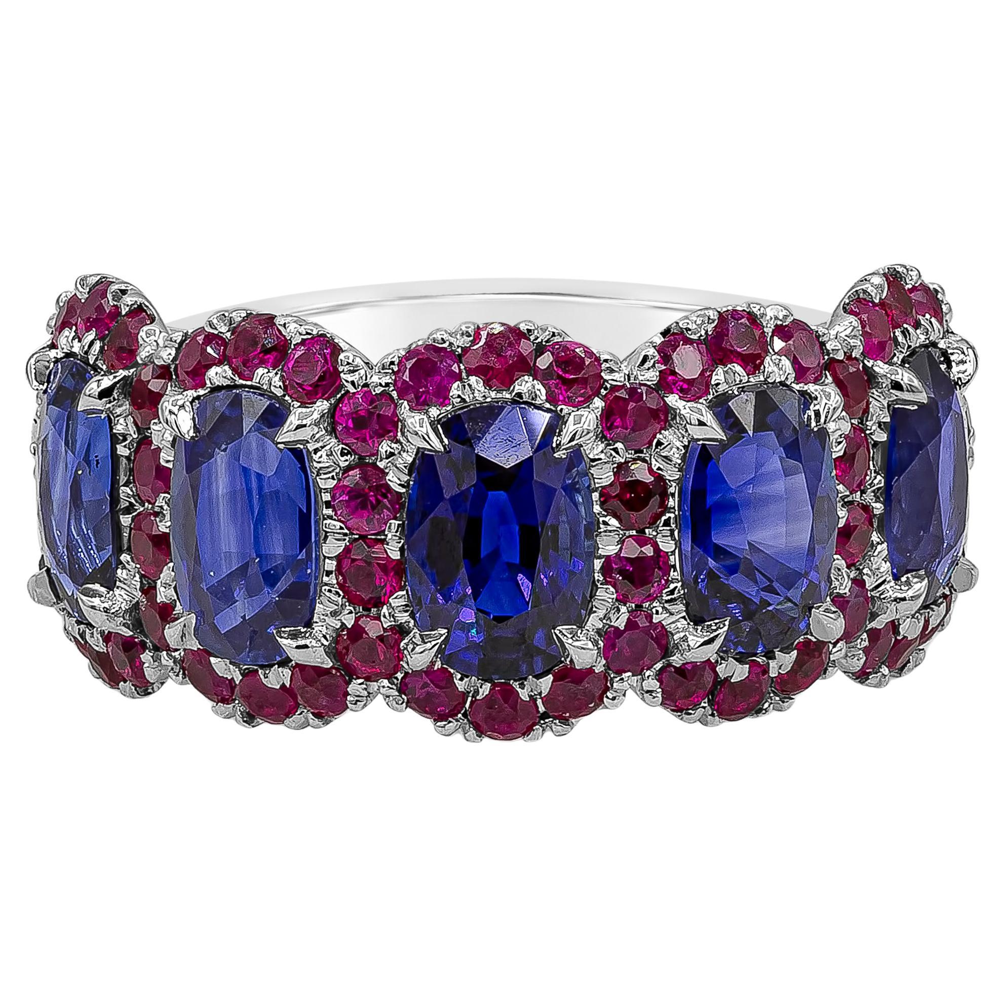 Roman Malakov 4.26 Carats Total Blue Sapphire and Ruby Halo Wedding Band Ring For Sale