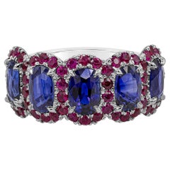 Roman Malakov 4.26 Carats Total Blue Sapphire and Ruby Halo Wedding Band Ring