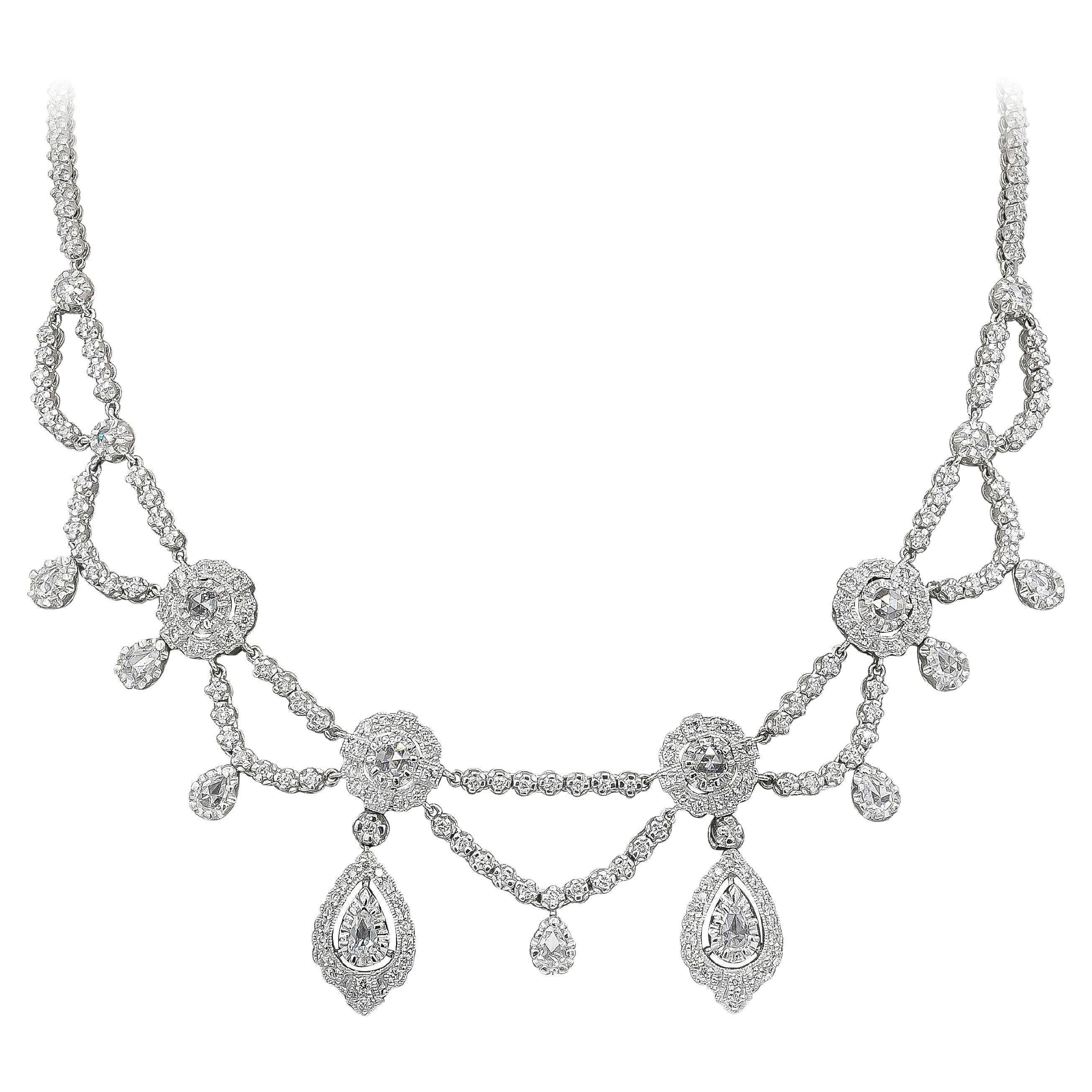 Roman Malakov 4.33 Carats Total Rose Cut Antique Curtain Style Diamond Necklace 