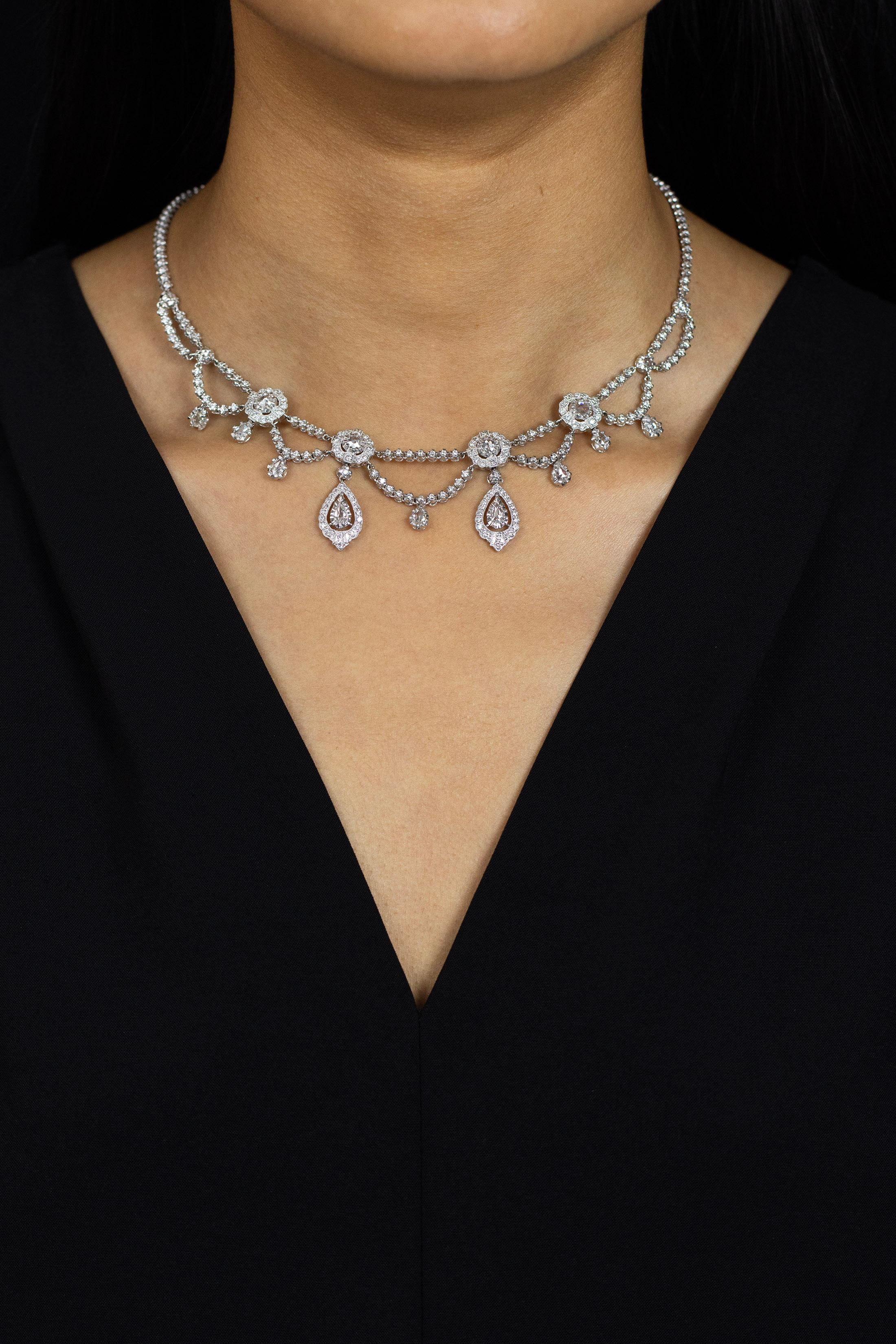 Édouardien Roman Malakov, collier de diamants de style rideau ancien de 4,33 carats au total, taille en rose  en vente