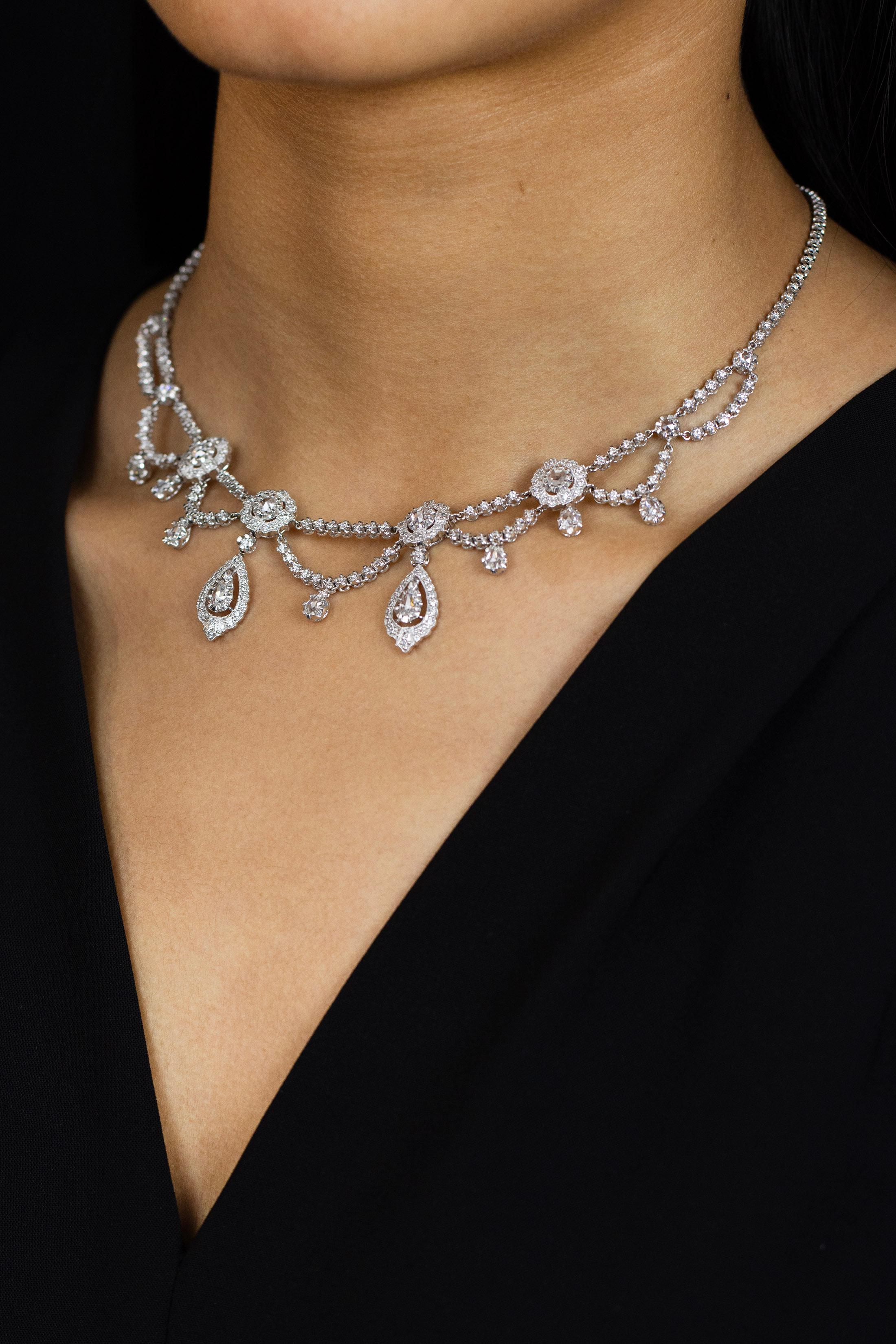 Taille rose Roman Malakov, collier de diamants de style rideau ancien de 4,33 carats au total, taille en rose  en vente