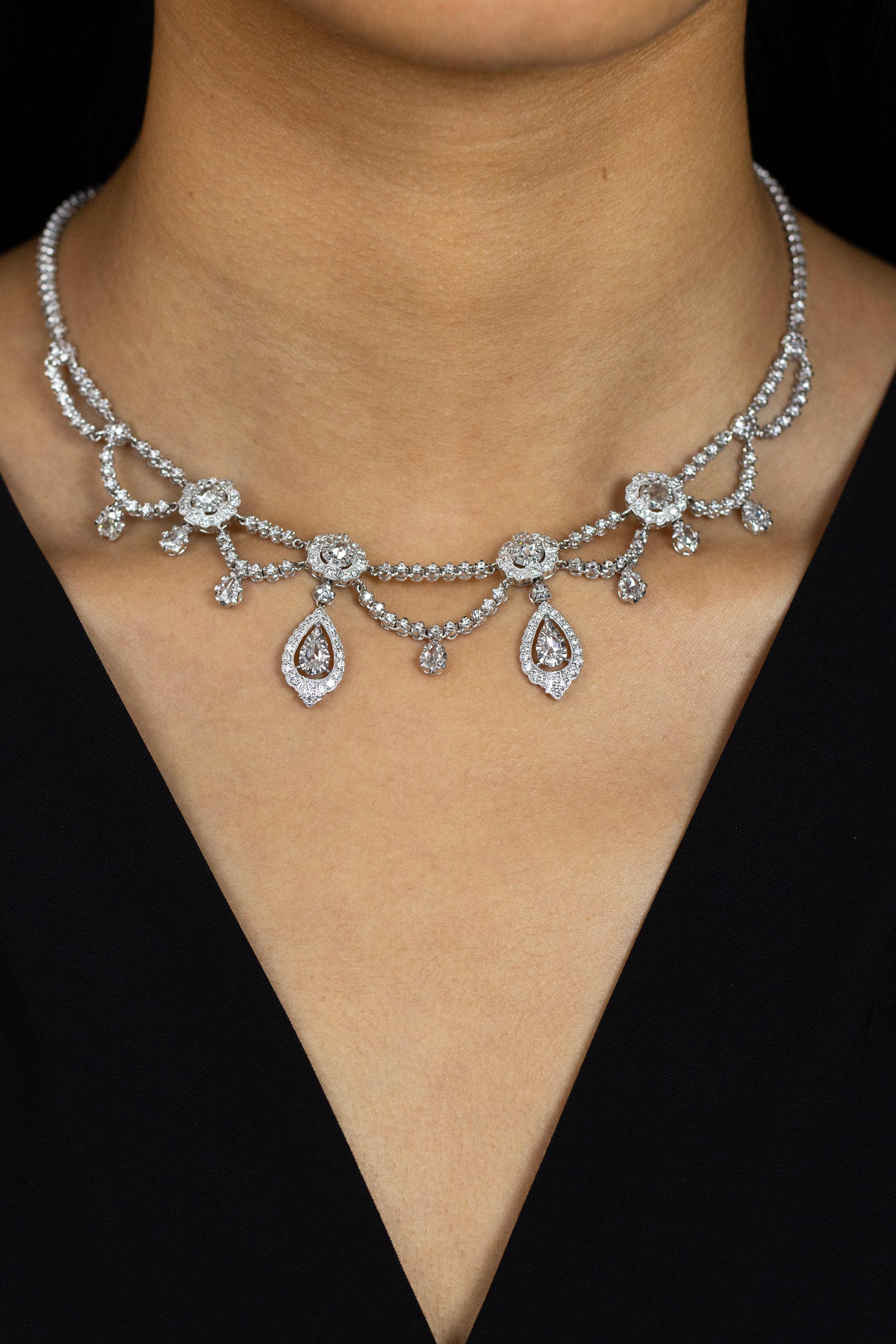 Roman Malakov, collier de diamants de style rideau ancien de 4,33 carats au total, taille en rose  Neuf - En vente à New York, NY