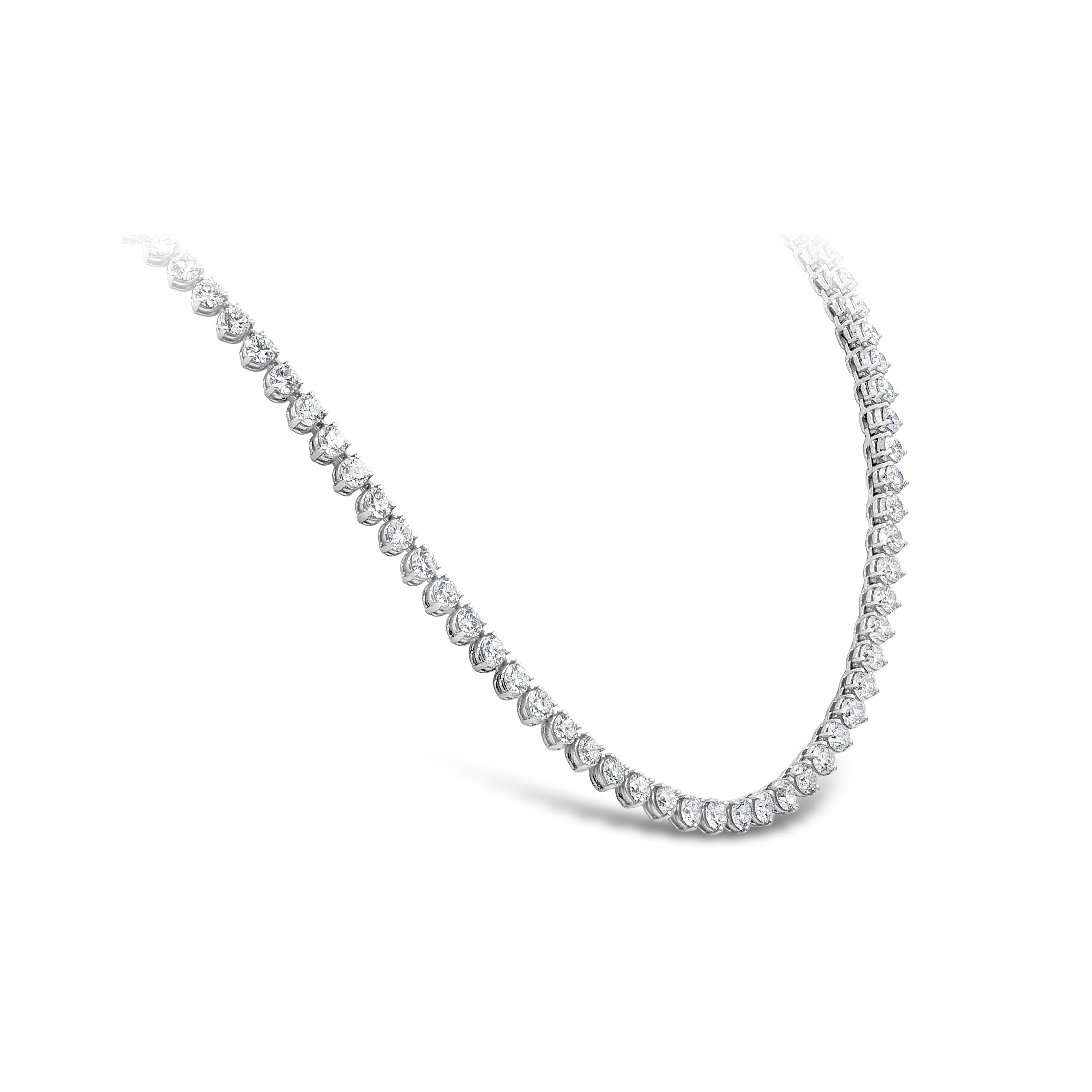 An elegant long necklace, showcasing 172 round brilliant cut diamonds weighing 43.58 carats total, each set on a three prong setting. Finely made with 18K white gold, 32 inches in length. Perfect for casual or formal wear. 

Roman Malakov is a
