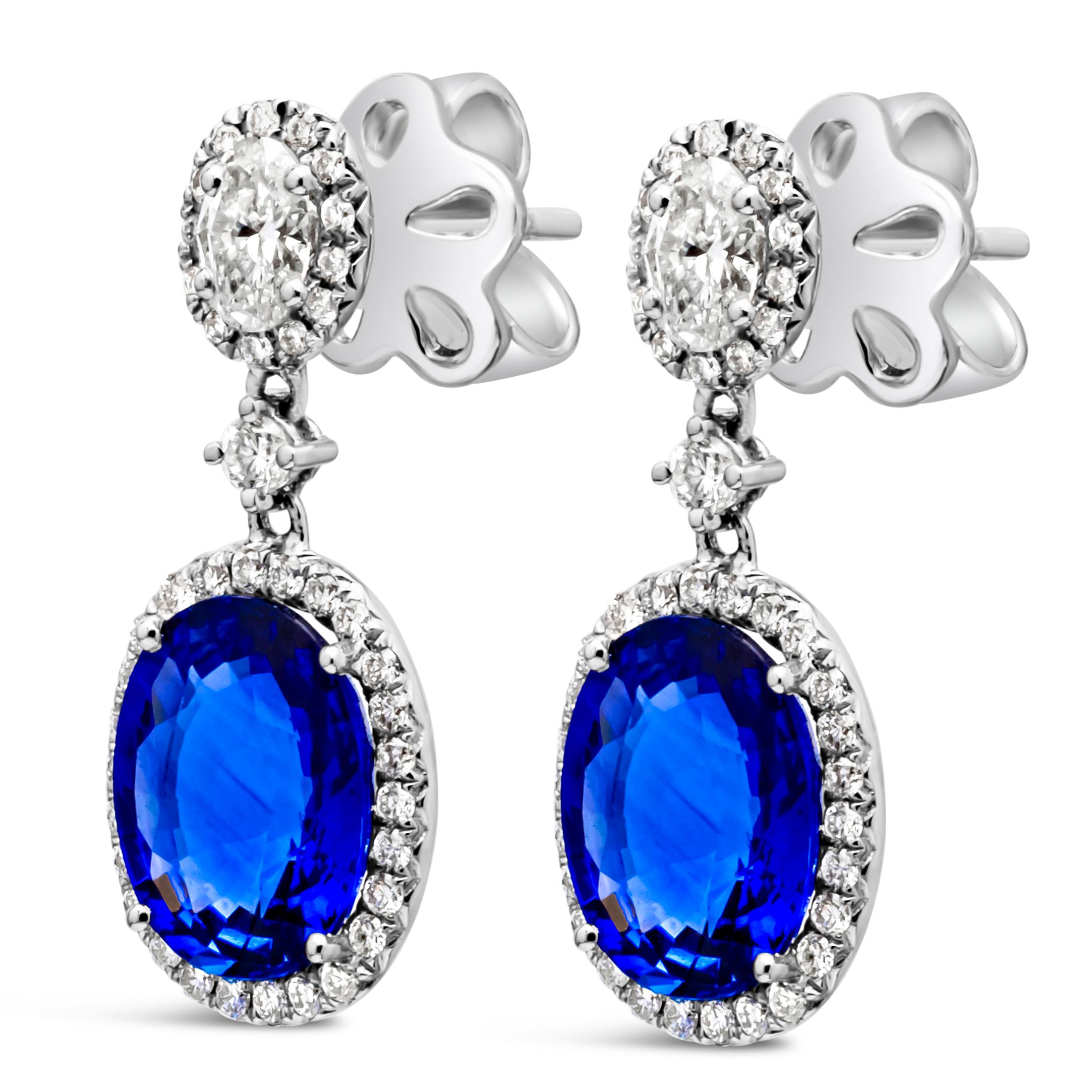 Contemporary Roman Malakov 4.38 Carats Total Oval Cut Blue Sapphire & Diamond Dangle Earrings For Sale