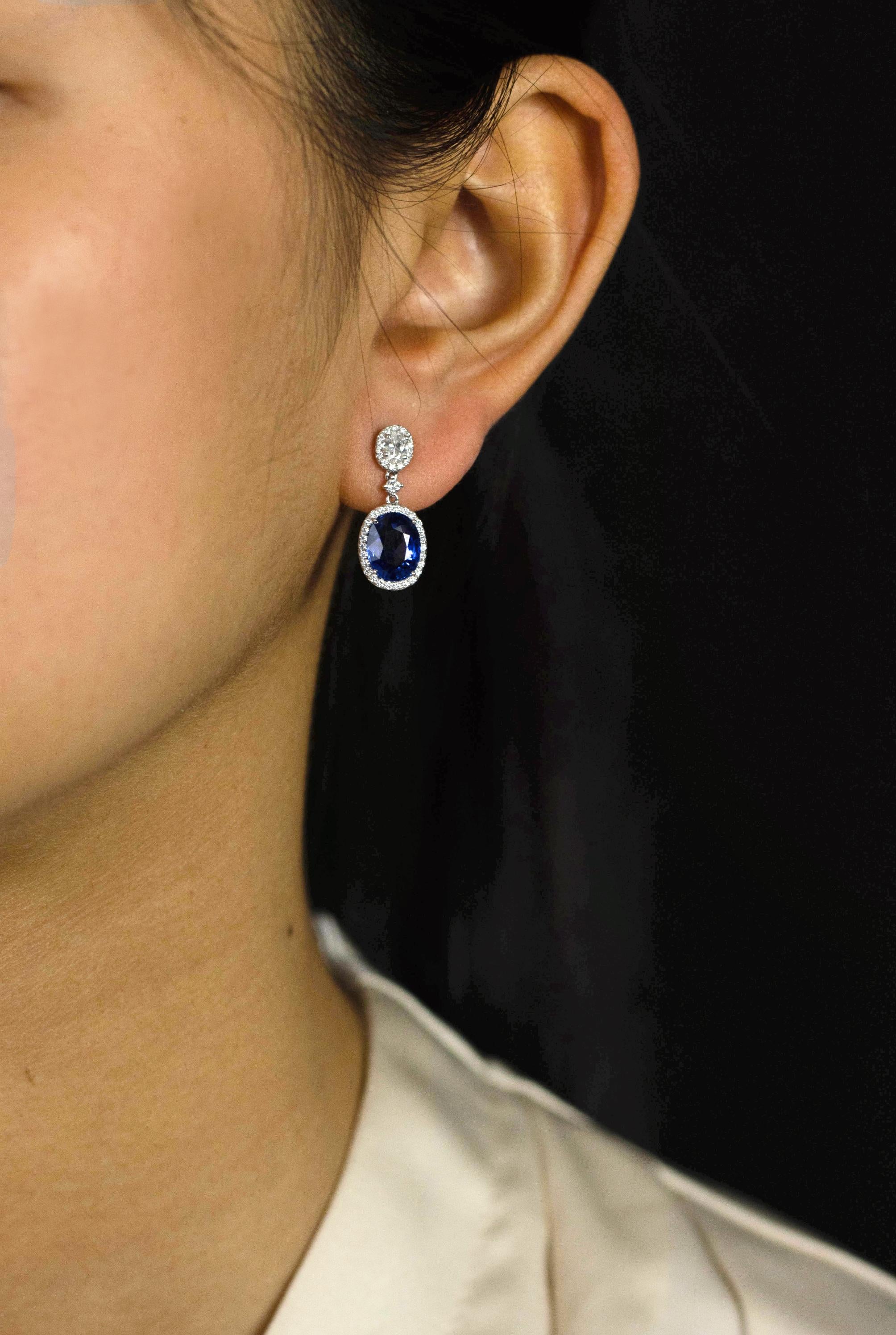 Women's Roman Malakov 4.38 Carats Total Oval Cut Blue Sapphire & Diamond Dangle Earrings For Sale