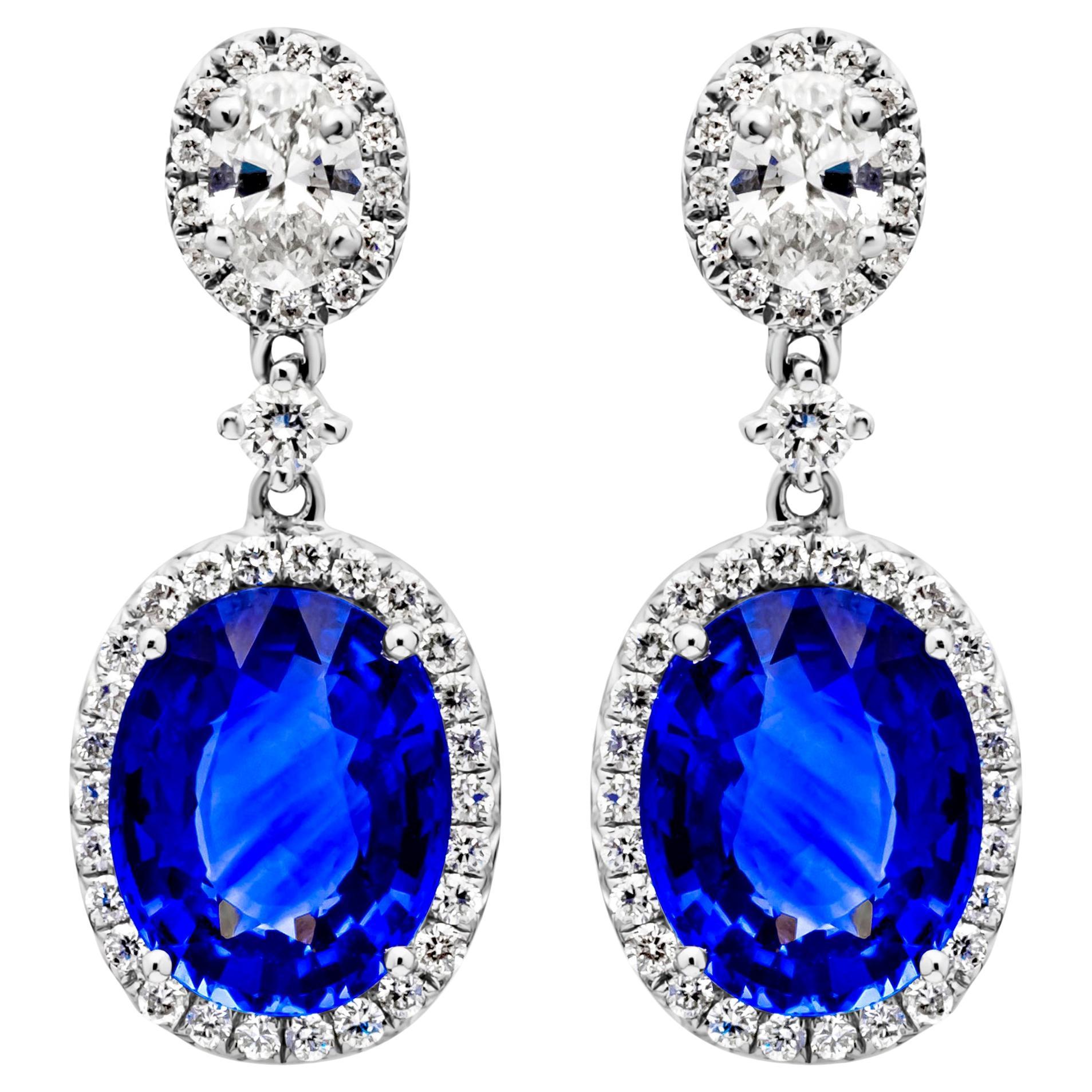 Roman Malakov 4.38 Carats Total Oval Cut Blue Sapphire & Diamond Dangle Earrings