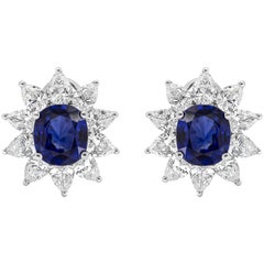 Roman Malakov 4.43 Carat Cushion Cut Blue Sapphire Halo Omega Clip Stud Earrings