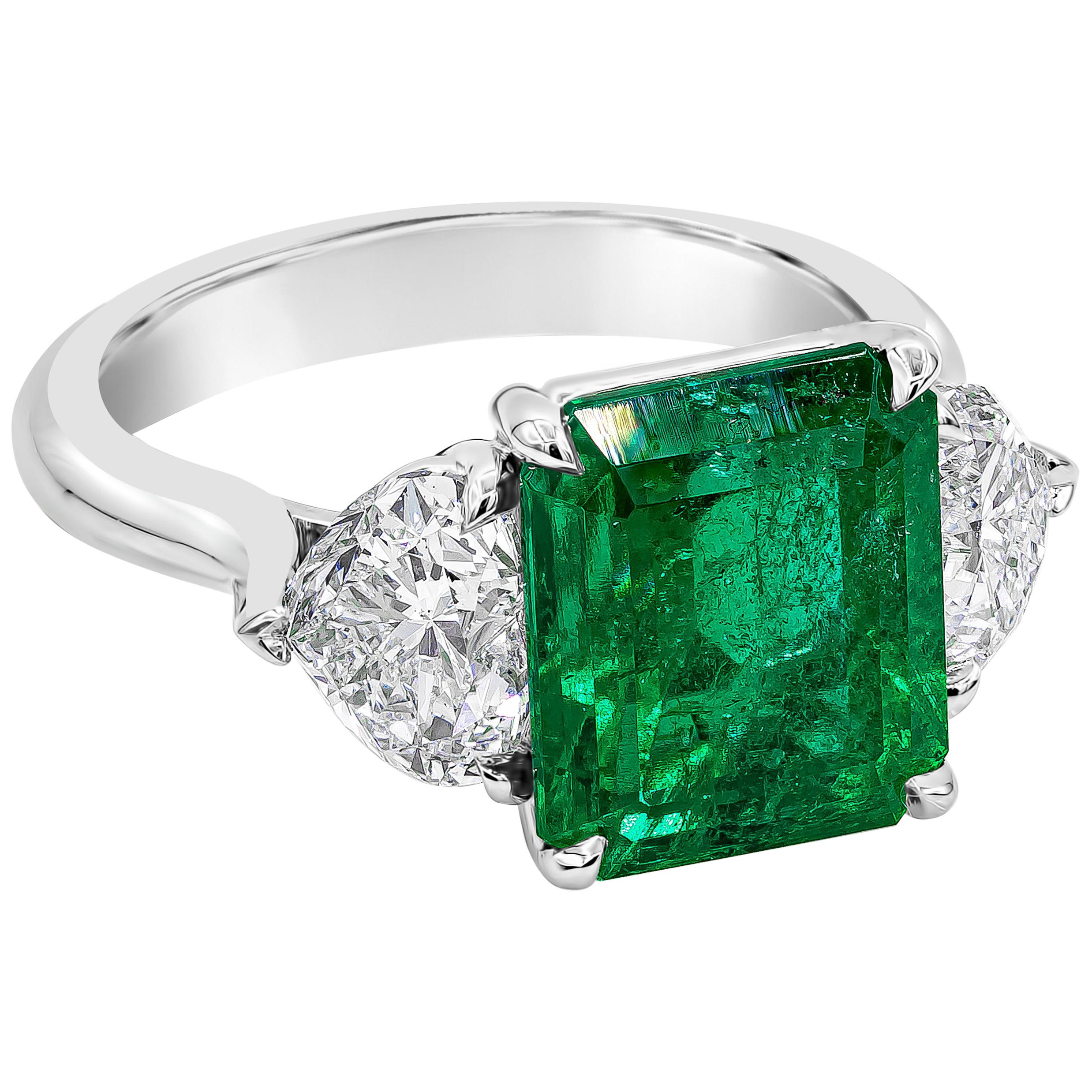 GIA Certified 4.46 Carat Emerald Cut Colombian Emerald & Diamond Engagement Ring