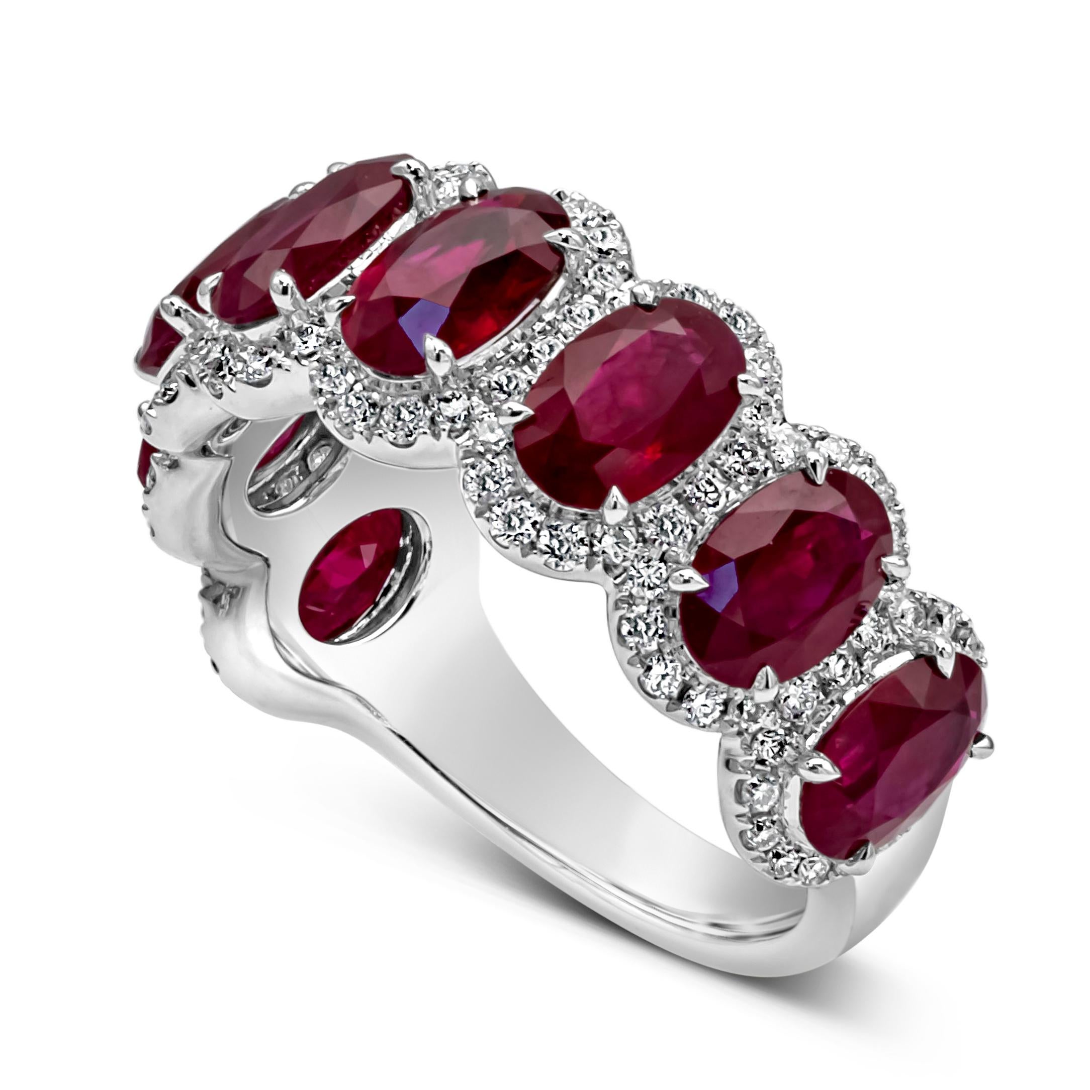 Contemporary Roman Malakov 4.74 Carats Oval Cut Ruby & Diamonds Halo Eight Stone Wedding Band For Sale