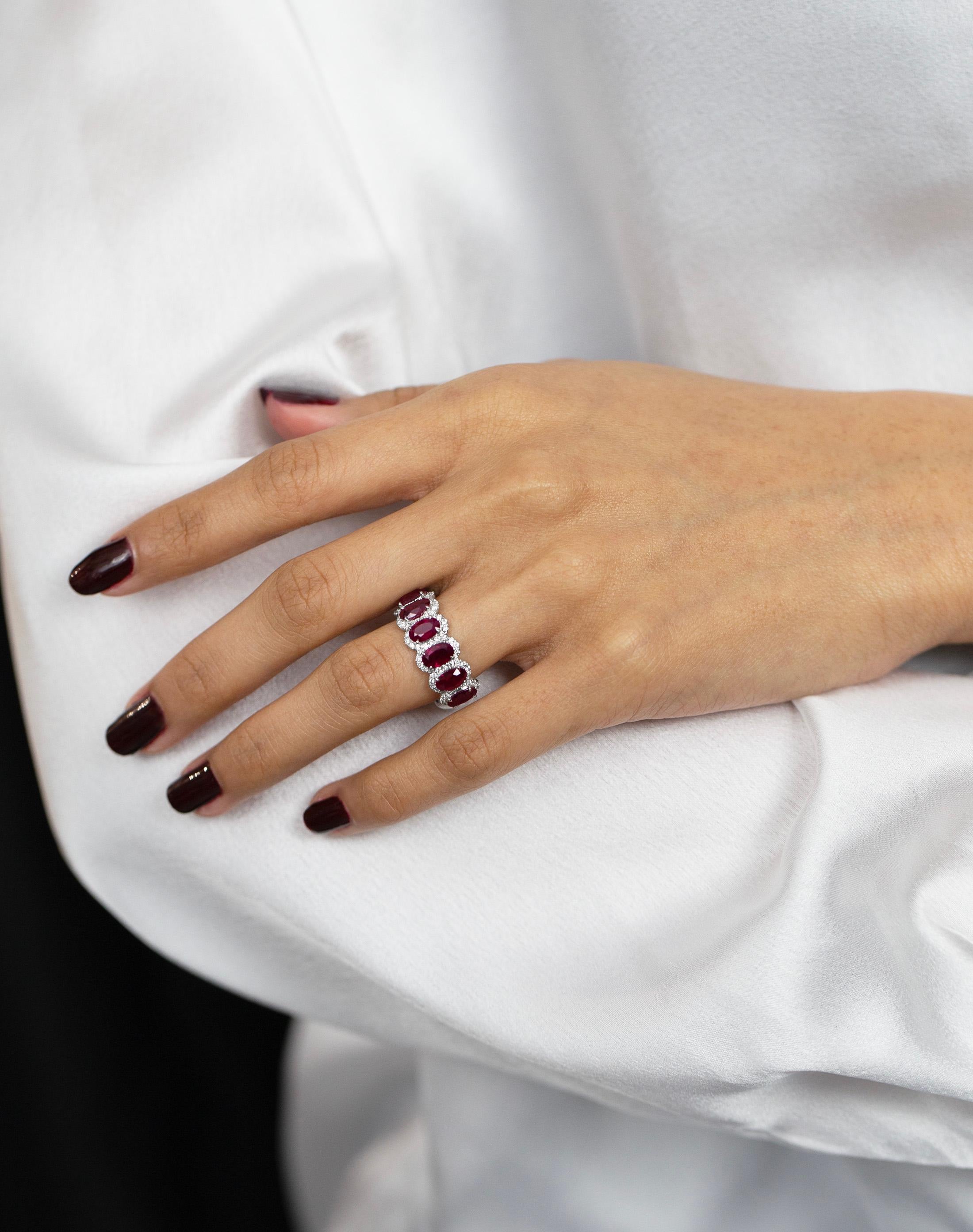 Women's Roman Malakov 4.74 Carats Oval Cut Ruby & Diamonds Halo Eight Stone Wedding Band For Sale