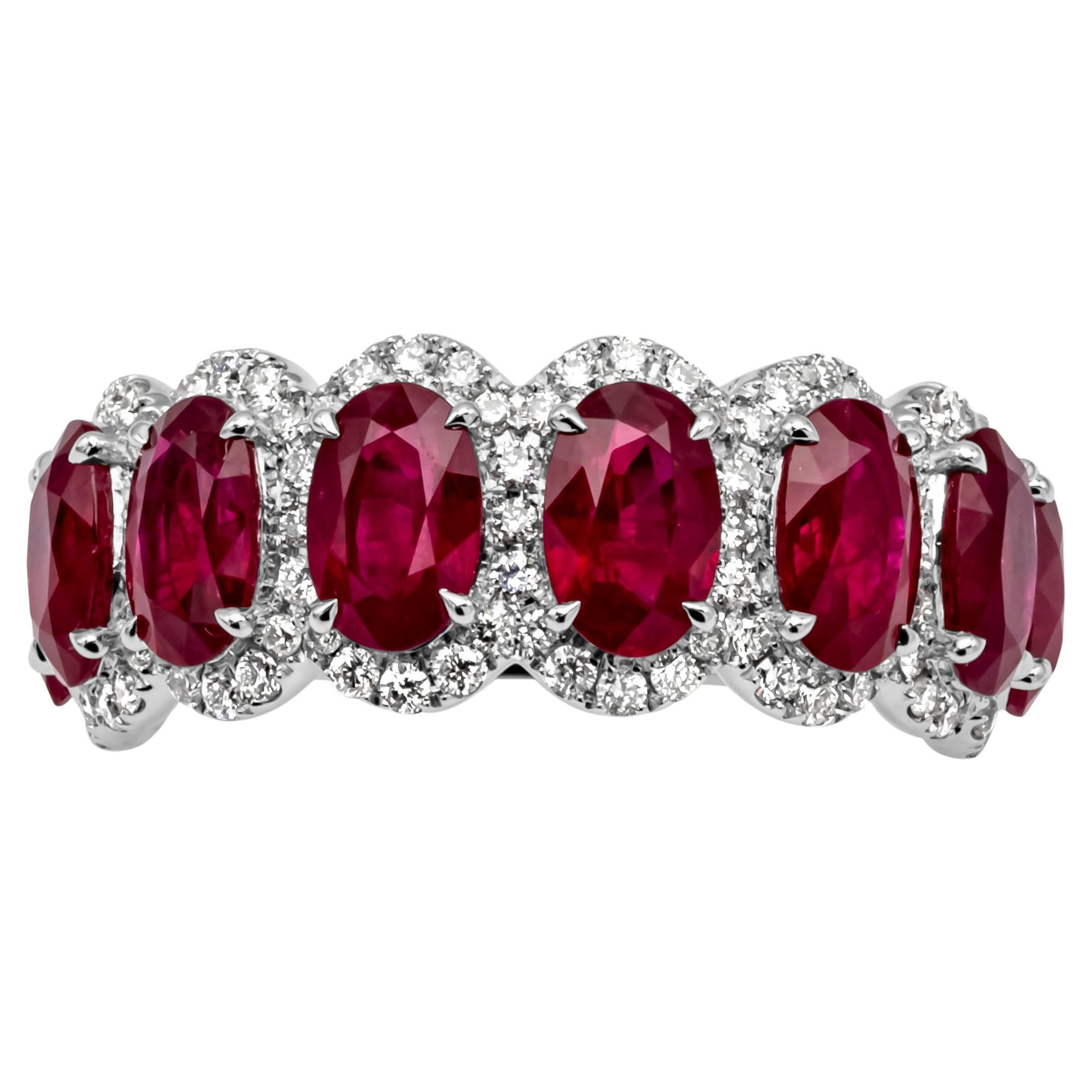 Roman Malakov 4.74 Carats Oval Cut Ruby & Diamonds Halo Eight Stone Wedding Band For Sale