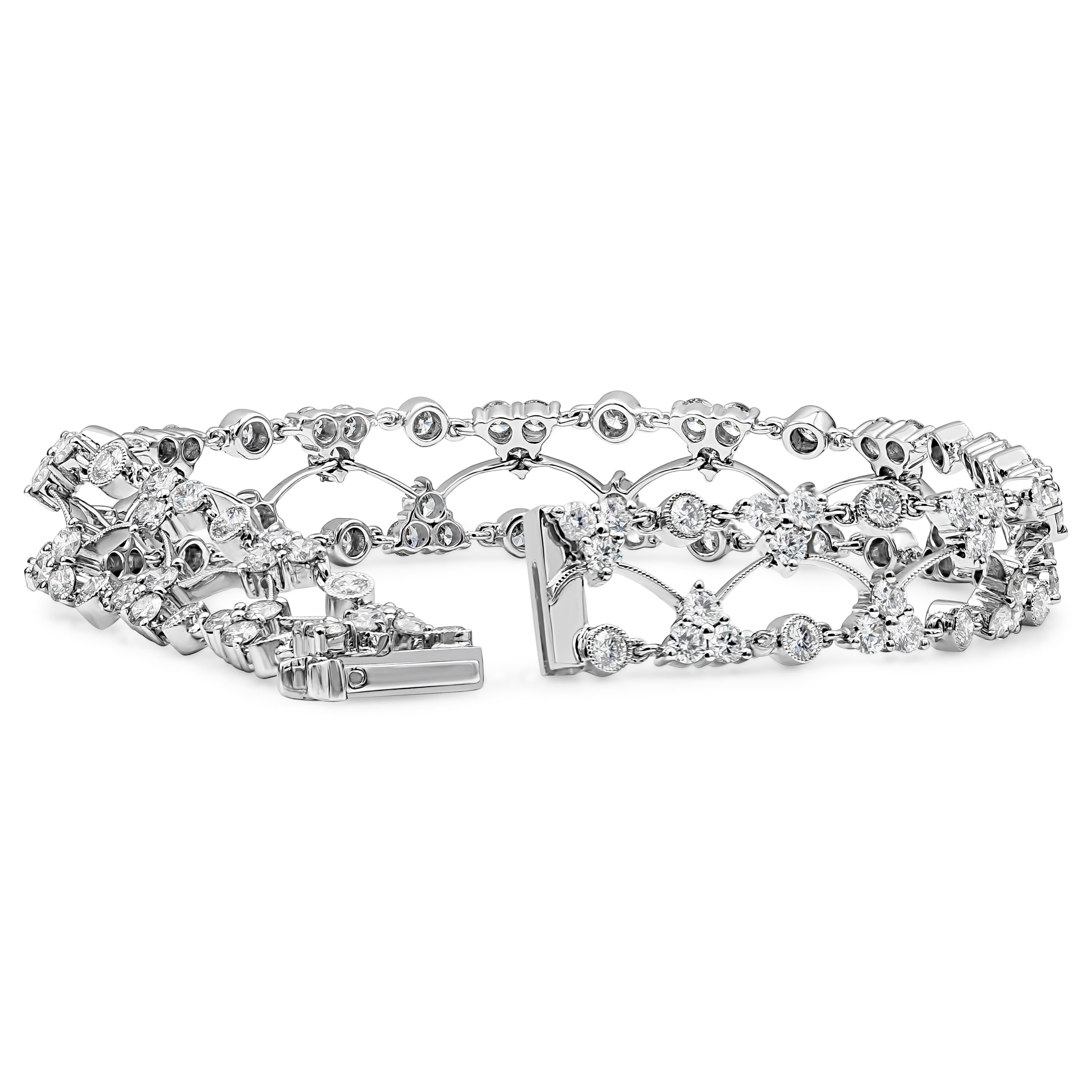 A beautiful chic open work diamond bracelet showcasing 4.75 carats total of round diamonds, set in an intricately filigree design setting. Made with 18K White Gold, 7 inches in Length. 

Roman Malakov is a custom house, specializing in creating