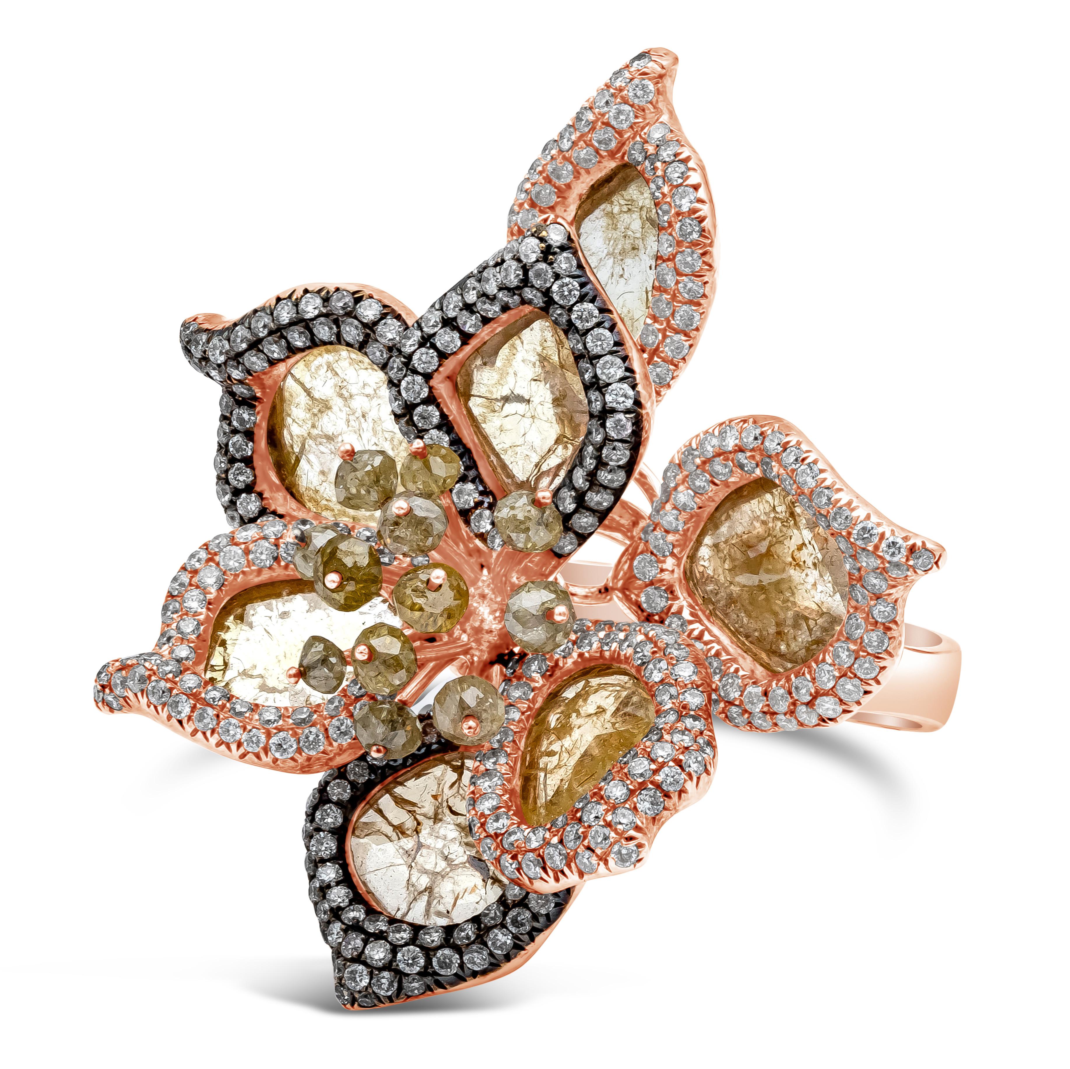 A beautiful and stylish fashion ring showcasing 4.79 carats total diamond sliced. Accented with 2.74 carats of round brilliant diamonds in a floral motif design. Made with 18K Rose Gold. Size 6 US

Roman Malakov is a custom house, specializing in