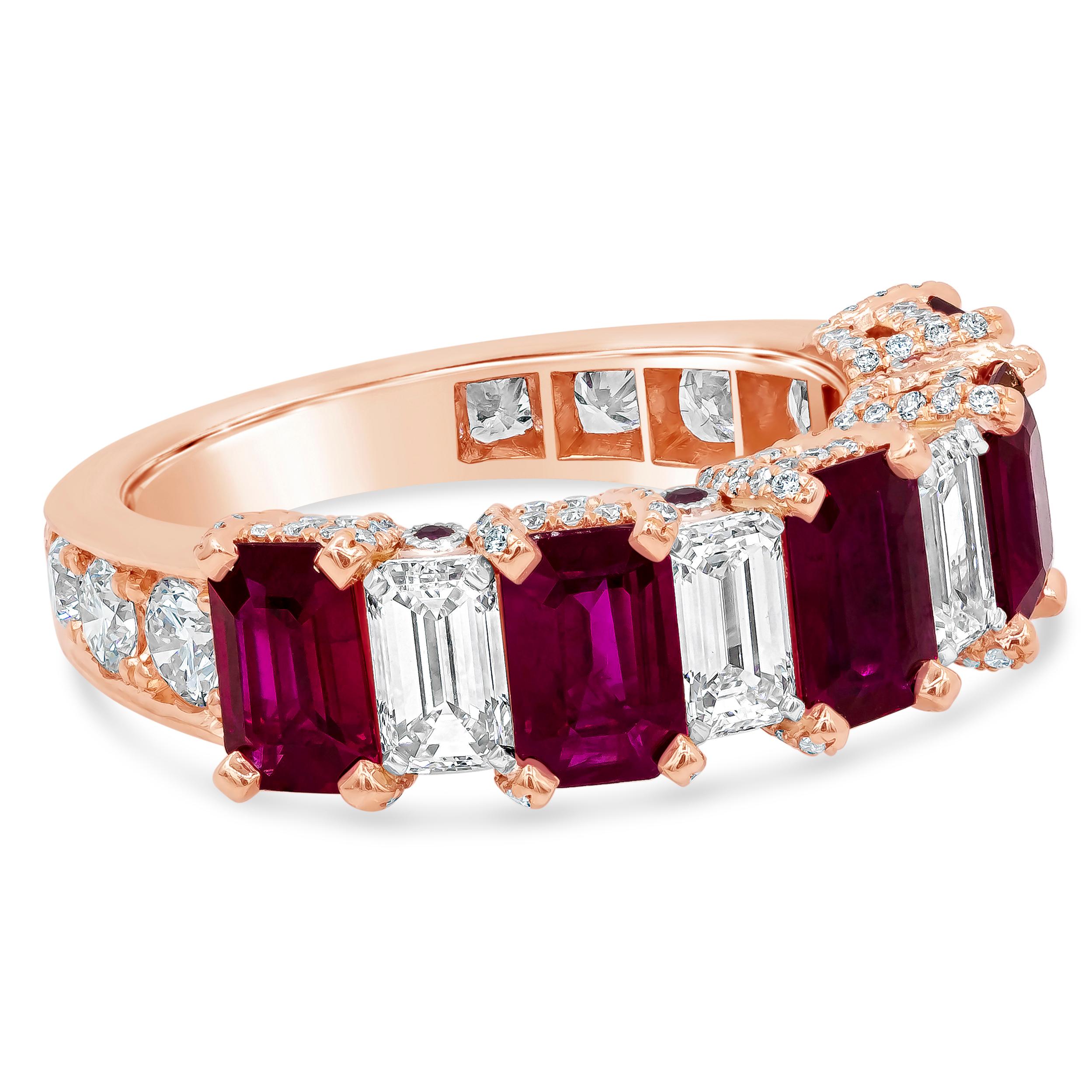 A well-crafted wedding band showcasing a color-rich emerald cut Burmese red rubies that elegantly alternate with emerald cut diamonds. The mounting is encrusted with brilliant diamonds in half eternity setting.  Rubies weigh 2.63 carats total and