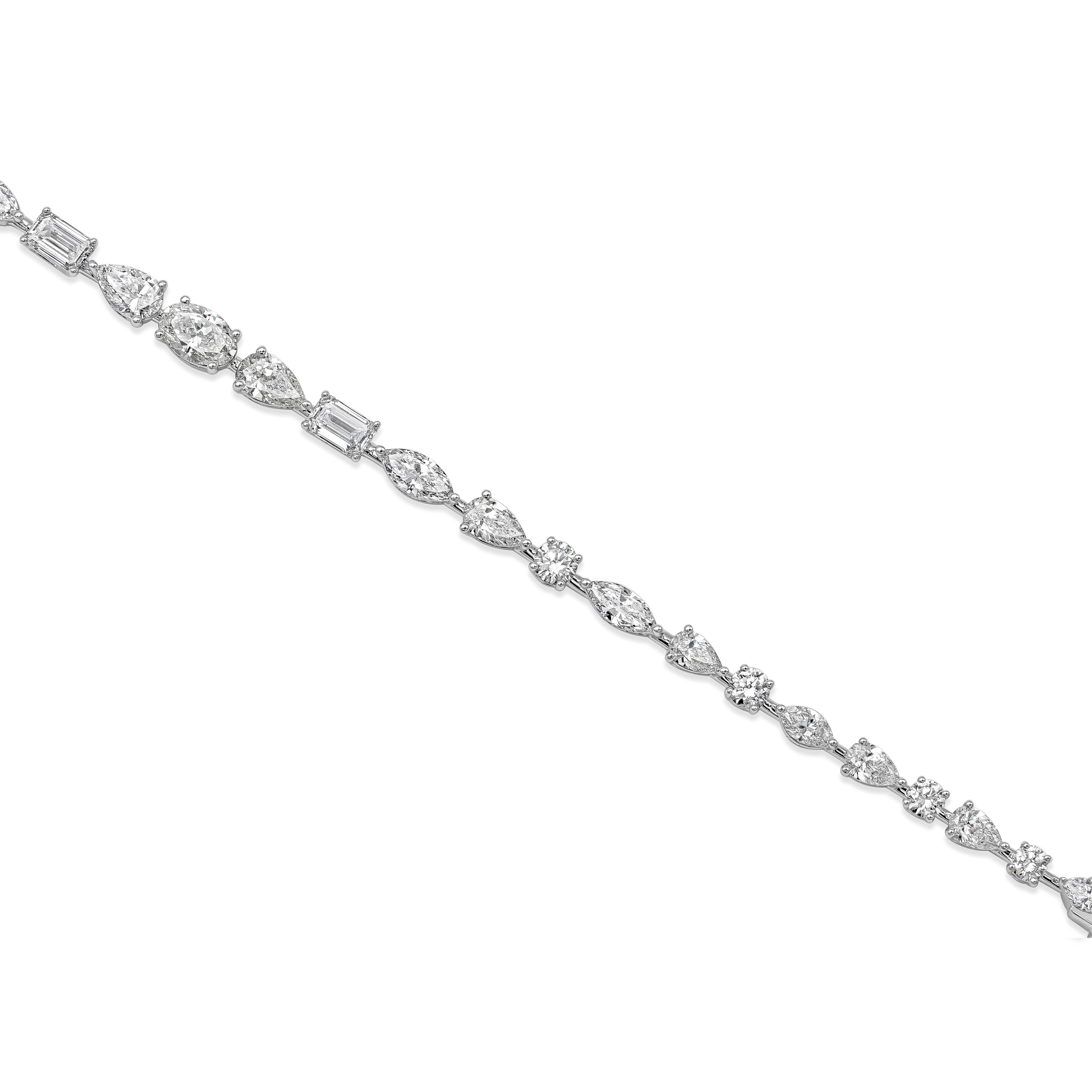 A simple yet lovely piece of jewelry that showcases a row of different shape diamonds weighing 4.87 carats total, G-H Color and SI in Clarity. Made with 18K White Gold, 7 inches in Length. 

Style available in different price ranges. Prices are