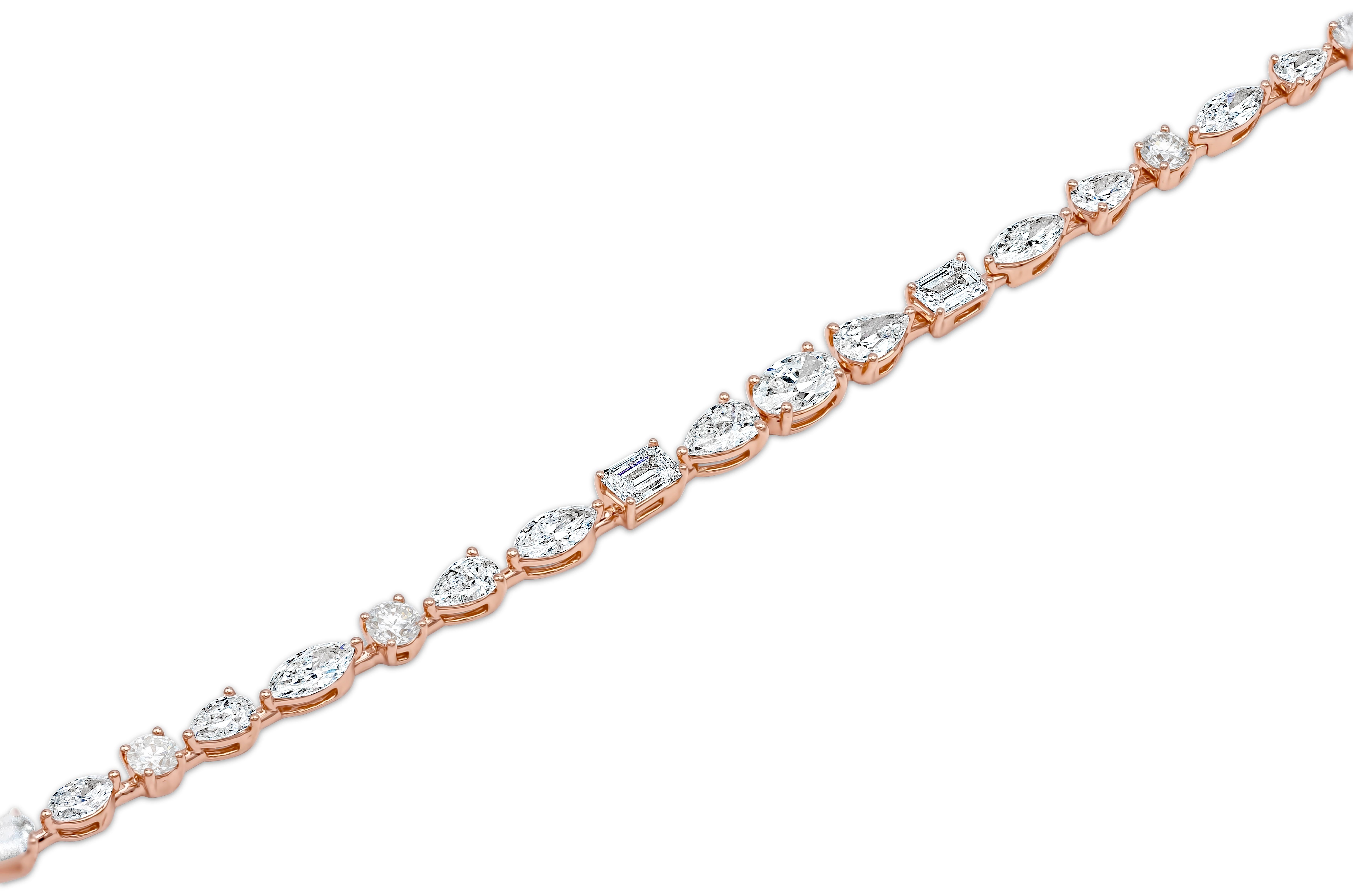 Showcasing a row of different shape diamonds weighing 4.87 carats total, F-G Color and VS-SI in Clarity. Made with 18K Rose Gold, 7 inches in Length. 

Style available in different price ranges. Prices are based on diamond size, and specification.