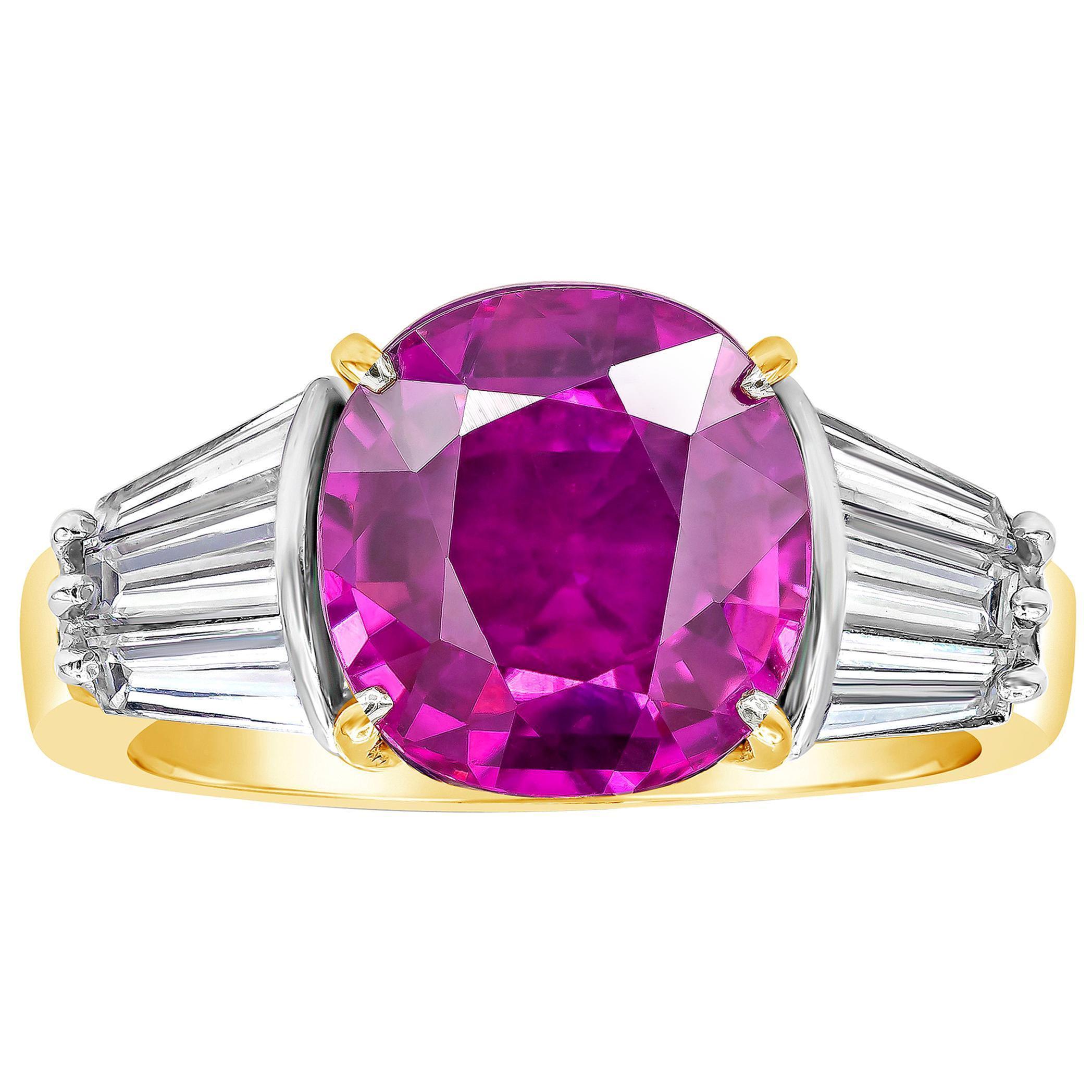 4.95 Carat Oval Cut Natural No Heat Purple Pink Sapphire Three Stone Engagement  For Sale