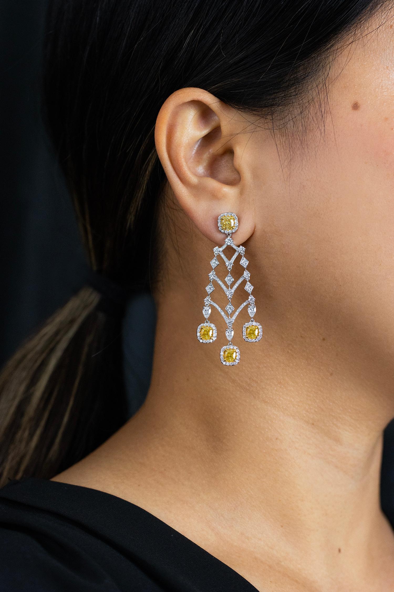 Contemporary Roman Malakov 4.98 Carats Eight Cushion Cut Yellow Diamond Chandelier Earrings For Sale