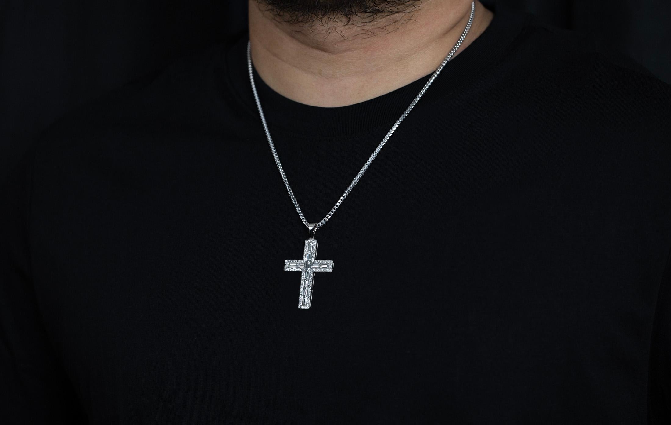 Mixed Cut Roman Malakov 4.99 Carats Mens Baguette and Round Diamond Cross Pendant Necklace For Sale
