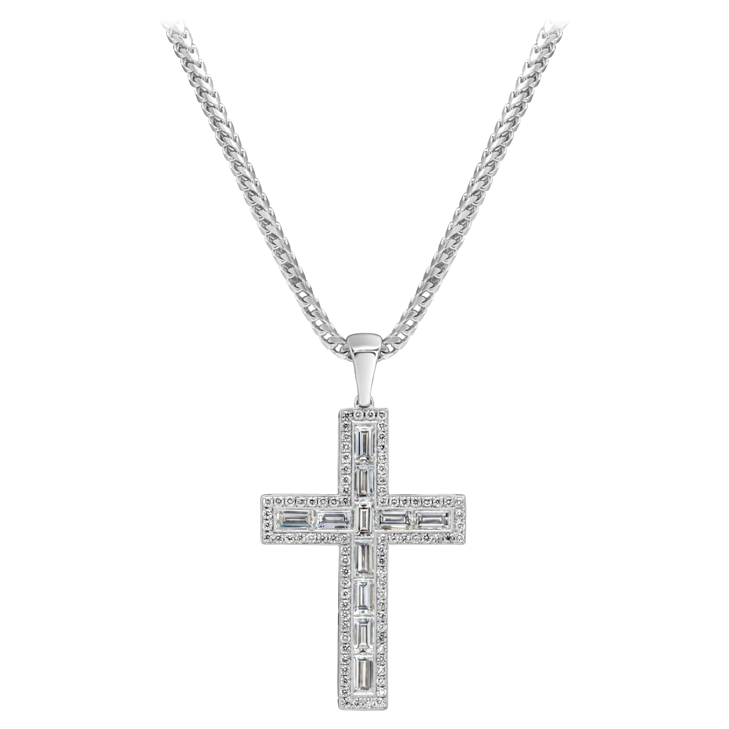 Roman Malakov 4.99 Carats Mens Baguette and Round Diamond Cross Pendant Necklace For Sale