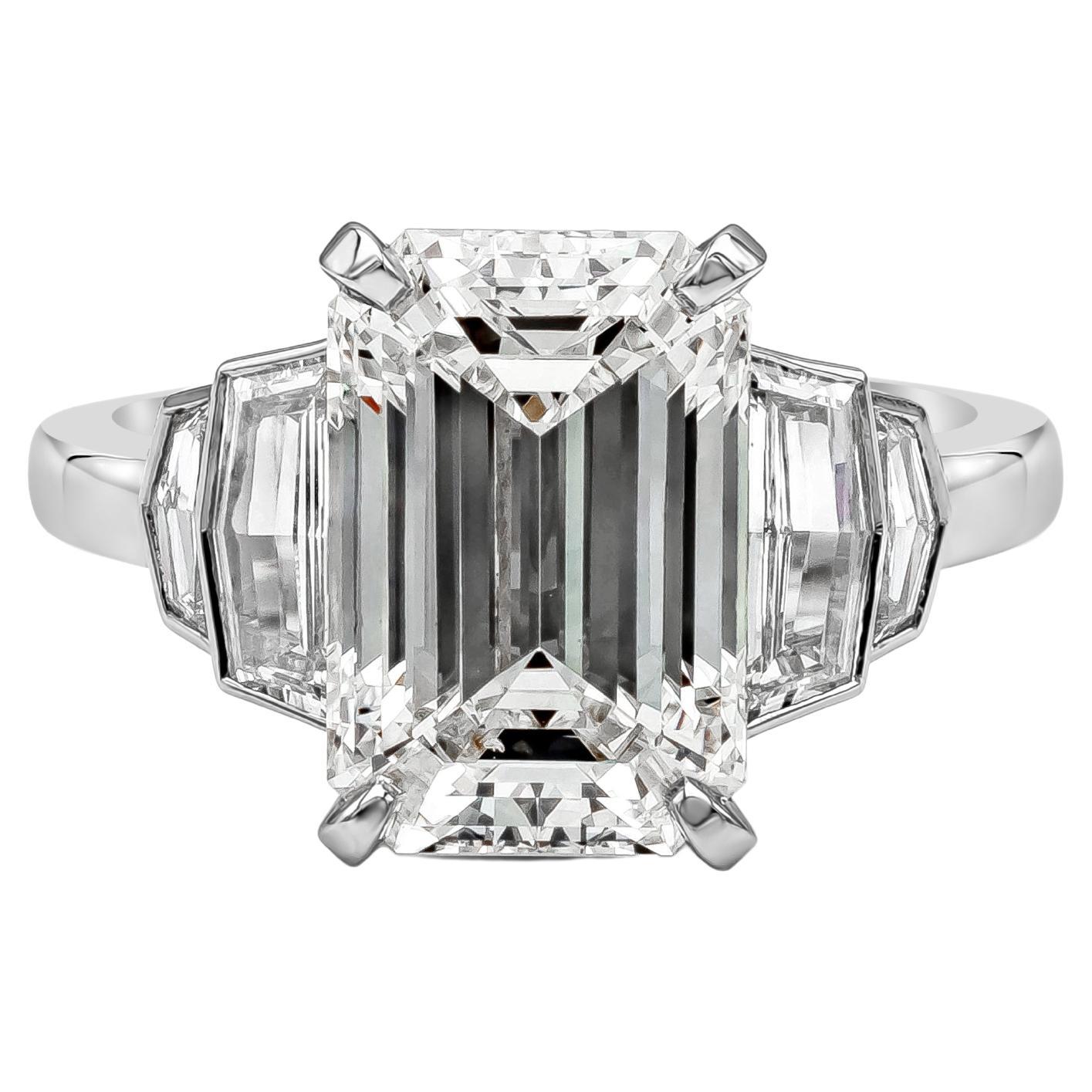 Roman Malakov, 5.01 Carat Emerald Cut Diamond Three-Stone Engagement Ring For Sale