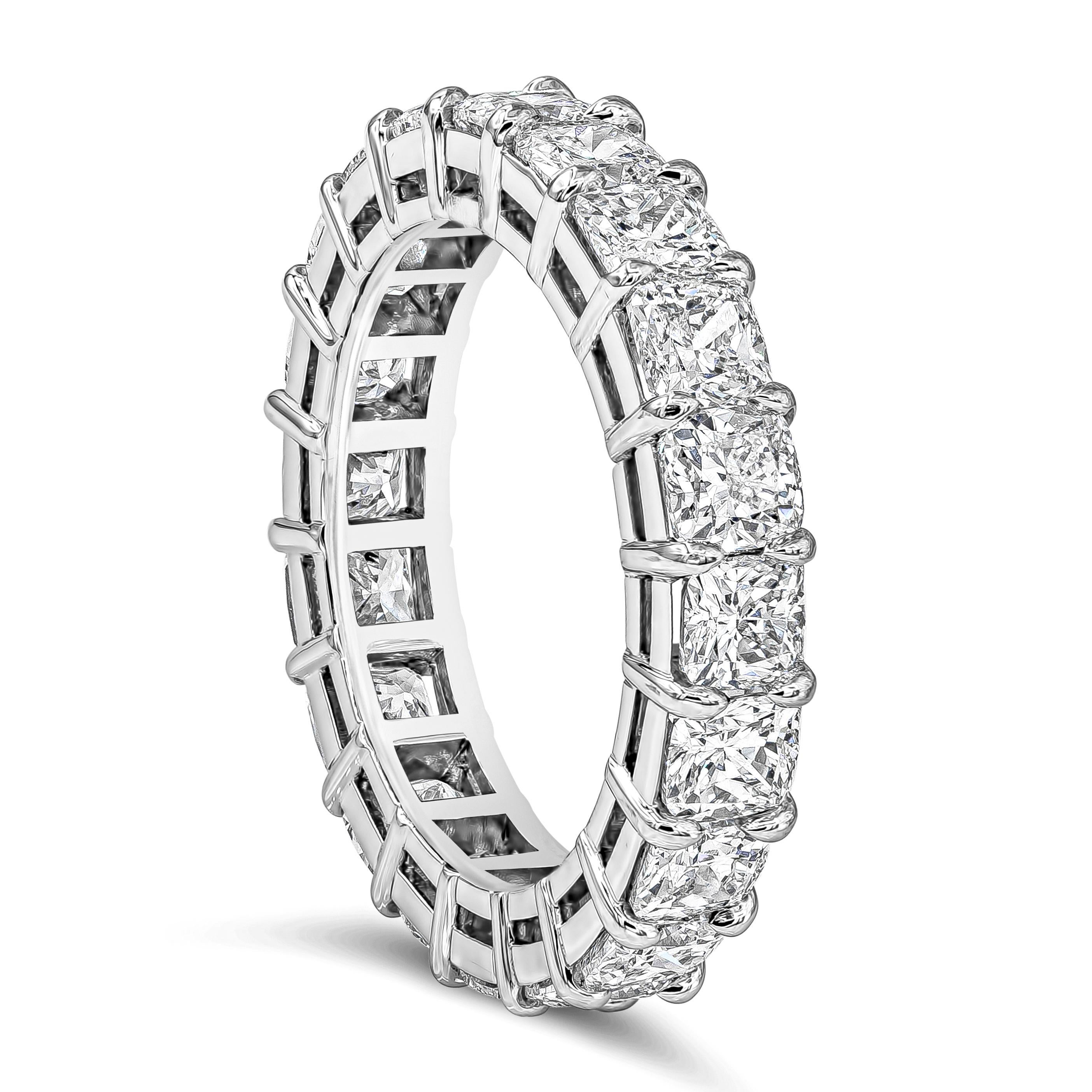 A classic and fine quality wedding band system handcrafted by Roman Malakov Diamonds in New York City. Showcasing a row of brilliant cushion cut diamonds weighing 5.06 carats total, F+ Color and VS+ in Clarity, shared prong basket setting. Set in an