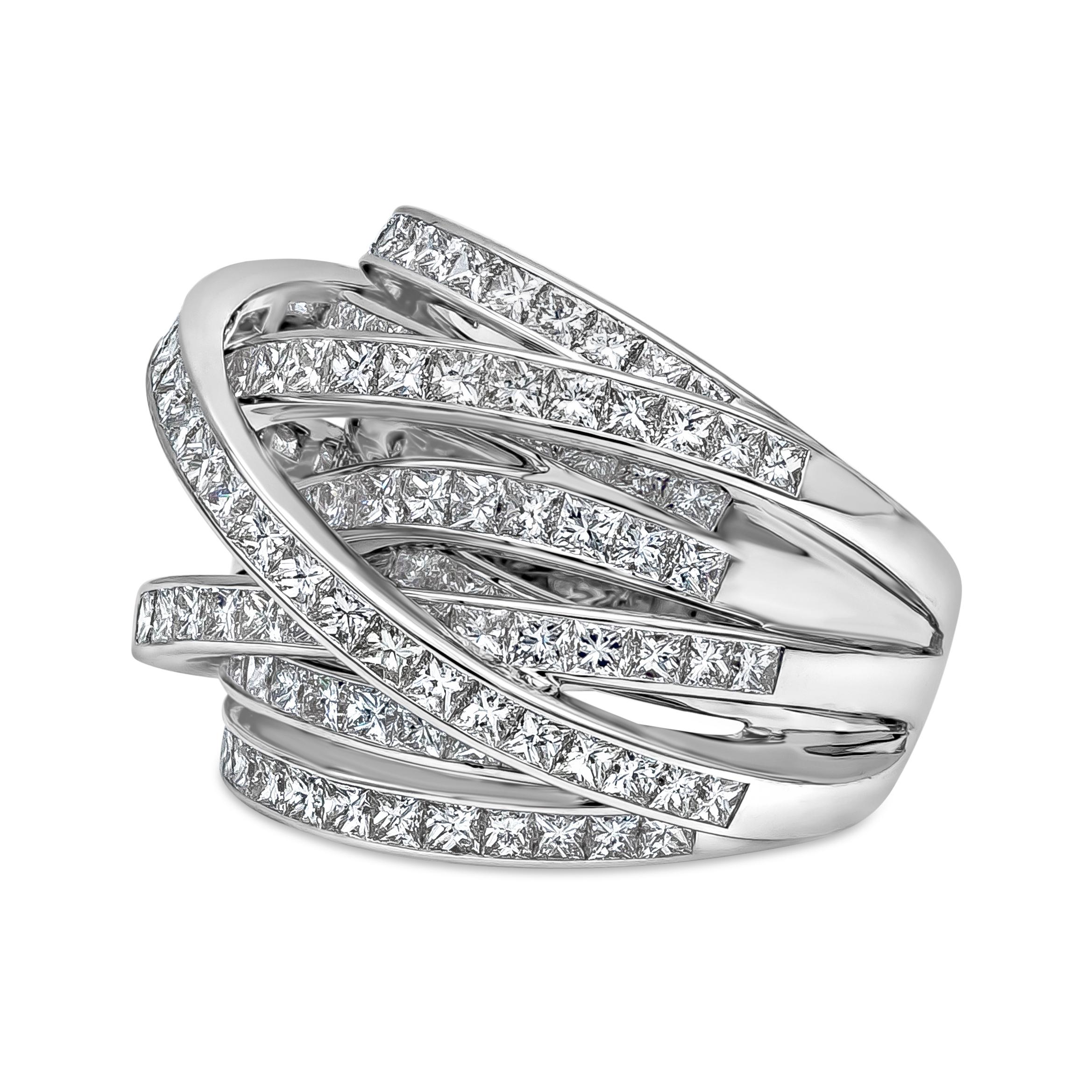 A beautiful ring style showcasing 9 rows of princess cut diamonds in channel set that elegantly intertwine with each other. Diamonds weigh 5.10 carats total in E-F Color and VS in Clarity. Made with 18K White Gold. Size 6.5 US and resizable upon
