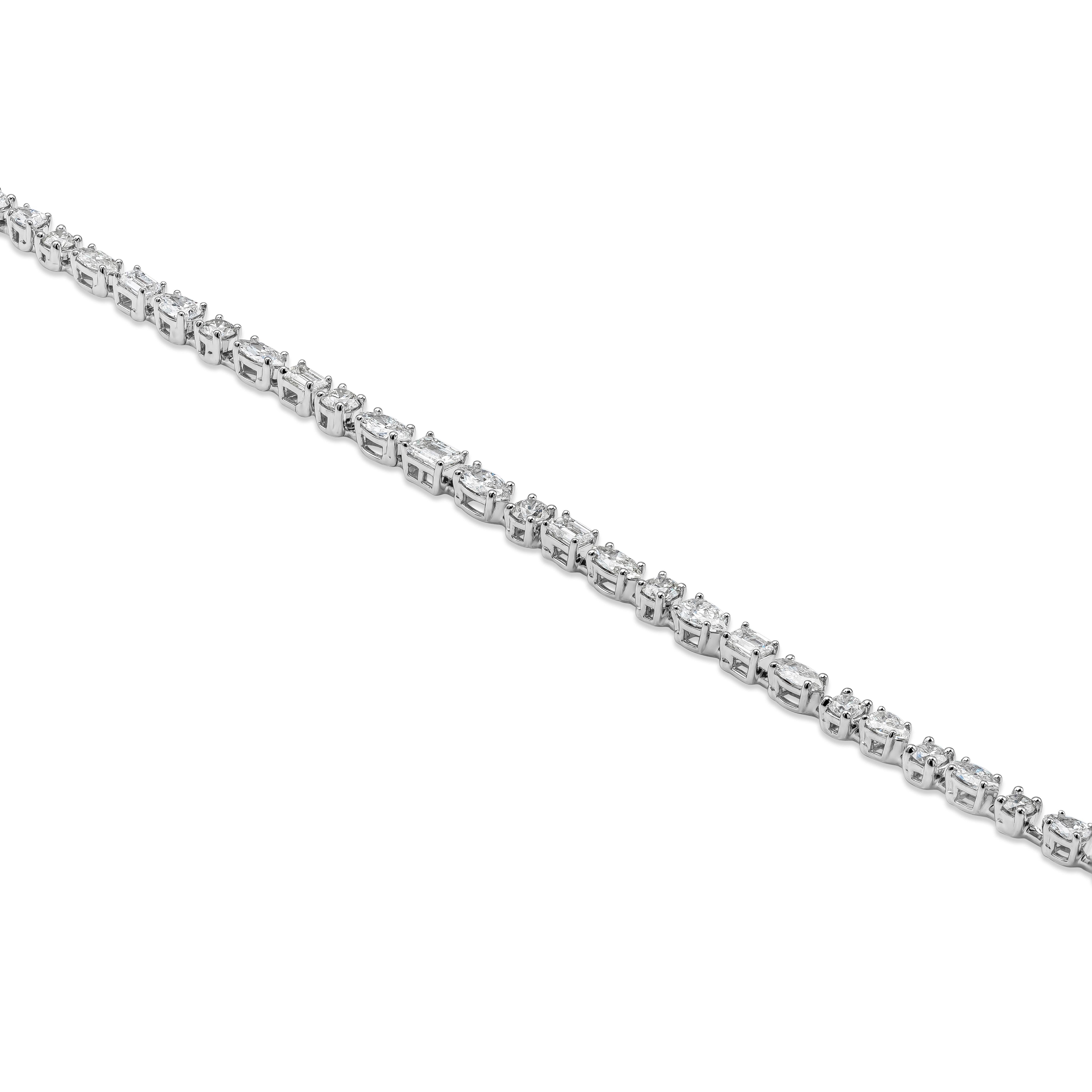 Showcasing a row of different shape diamonds, set in a tennis bracelet style. Diamonds weigh approximately 5.11 carats total. Made in 18k white gold. Seven inches in length. 

Customizable, length, size, and carat weight. Please contact us for more