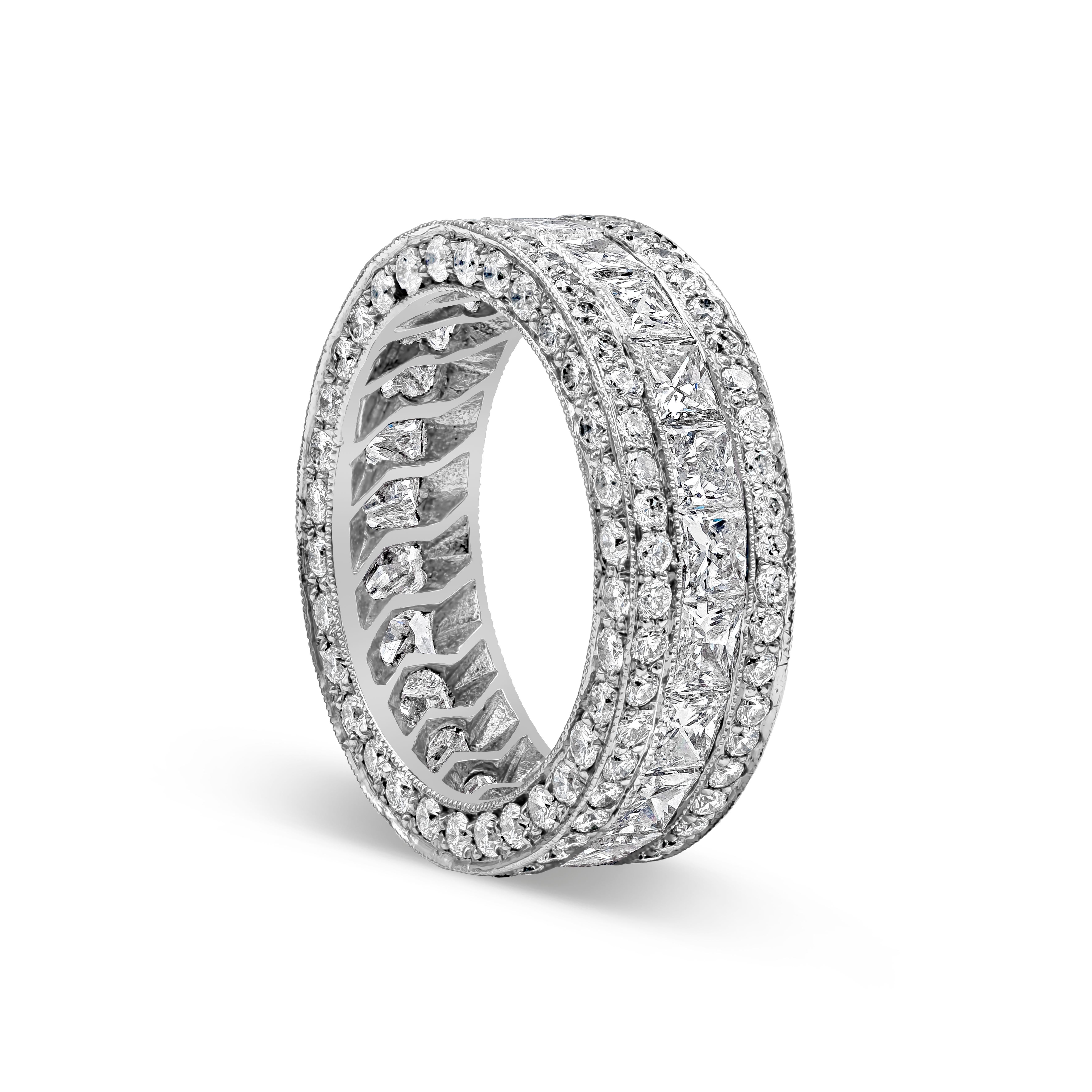 This beautiful eternity wedding band features a row of princess cut diamonds accented with two rows of round brilliant diamonds. Diamonds weighing 5.15 carats total. Made with Platinum. Size 6.5 US.

Roman Malakov is a custom house, specializing in