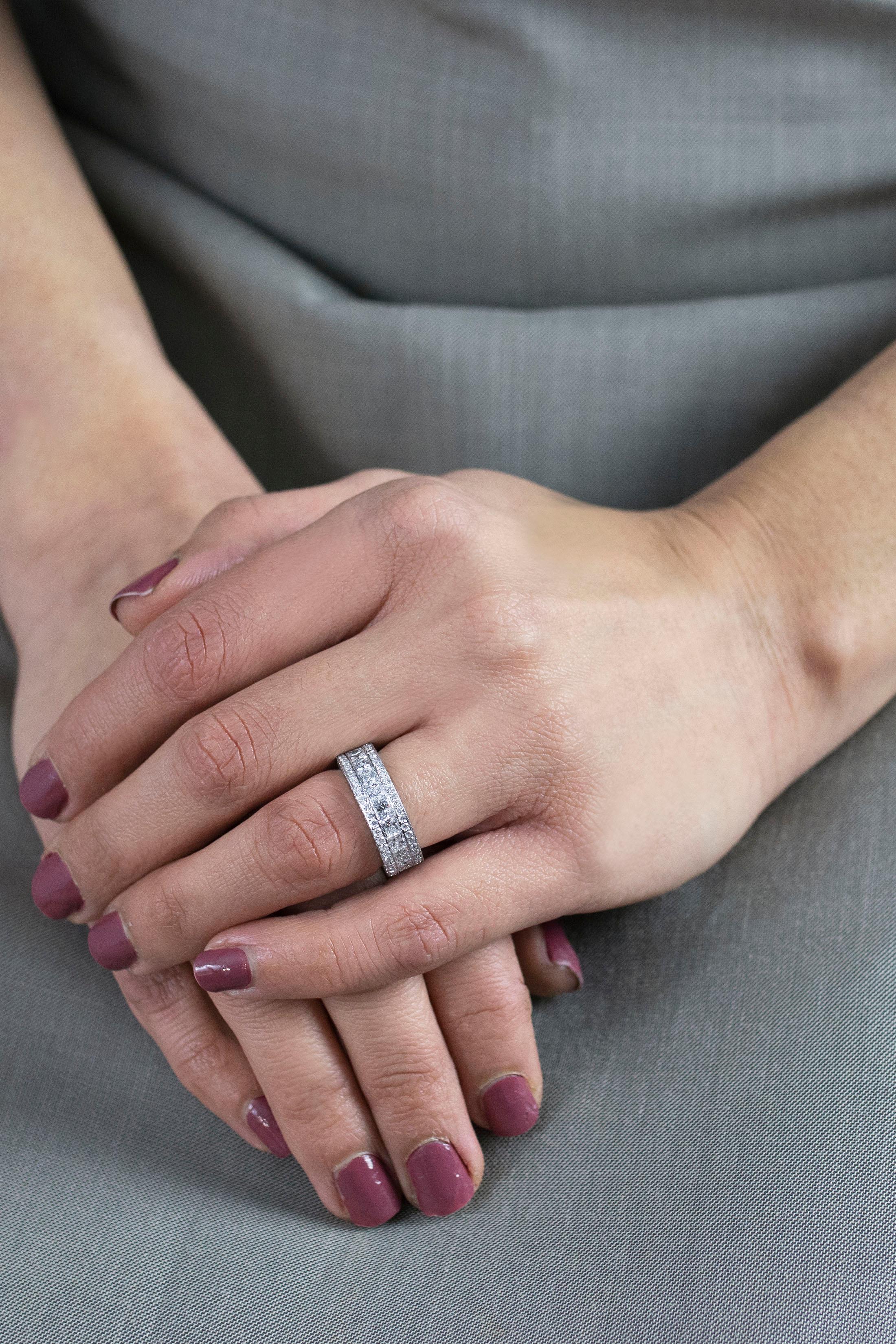 Contemporary Roman Malakov 5.15 Carat Total Princess Cut Diamond Encrusted Wedding Band Ring For Sale