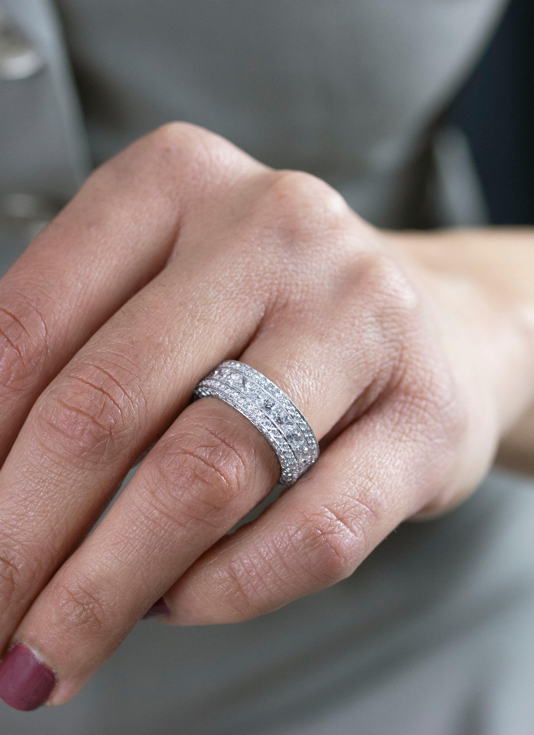 Mixed Cut Roman Malakov 5.15 Carat Total Princess Cut Diamond Encrusted Wedding Band Ring For Sale