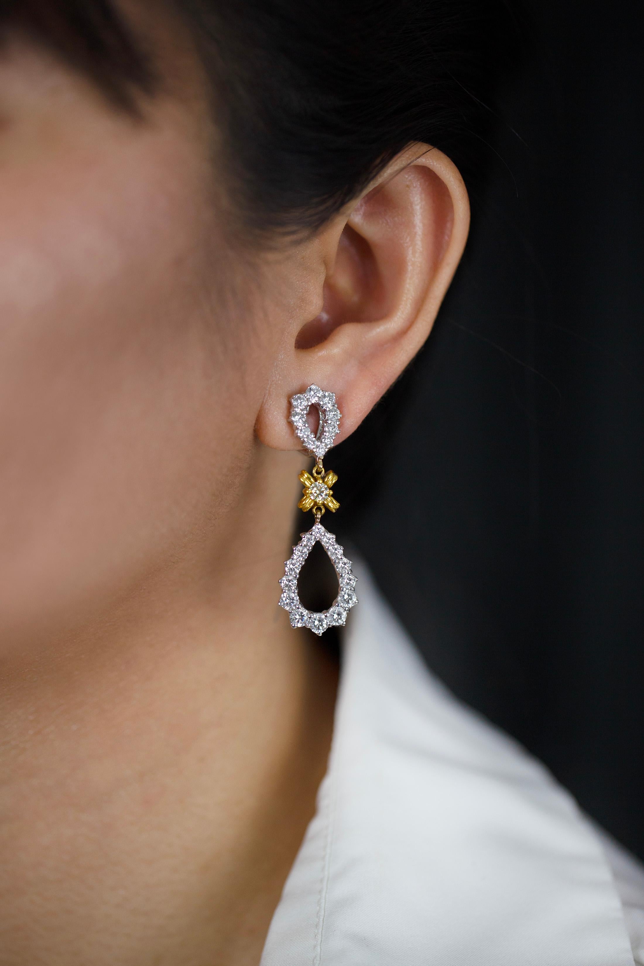 Round Cut 5.23 Carats Total Round Fancy Yellow and White Diamond Open-Work Dangle Earrings For Sale