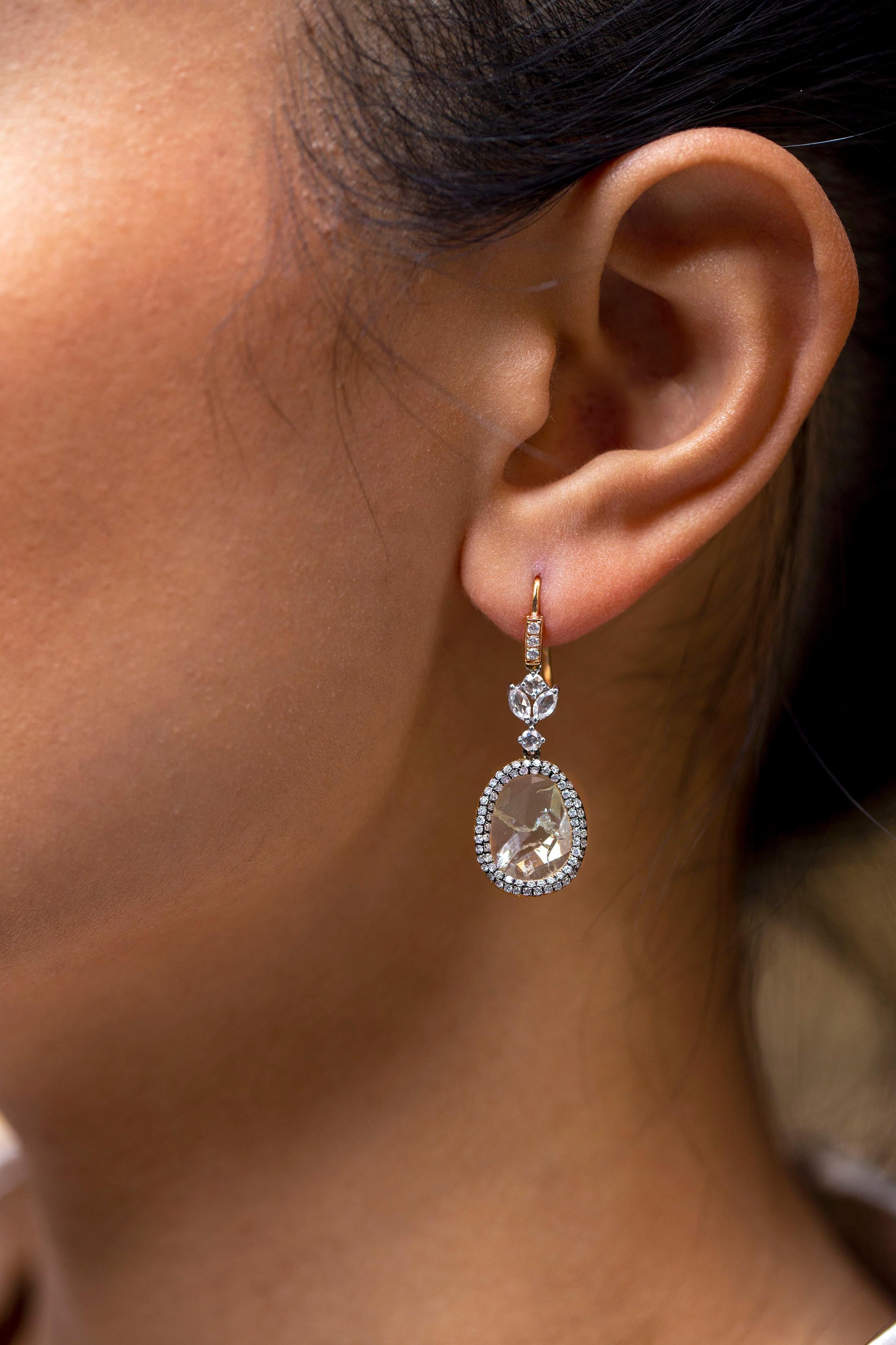 Contemporary Roman Malakov 5.27 Carats Total Sliced Diamond Dangle Earrings For Sale