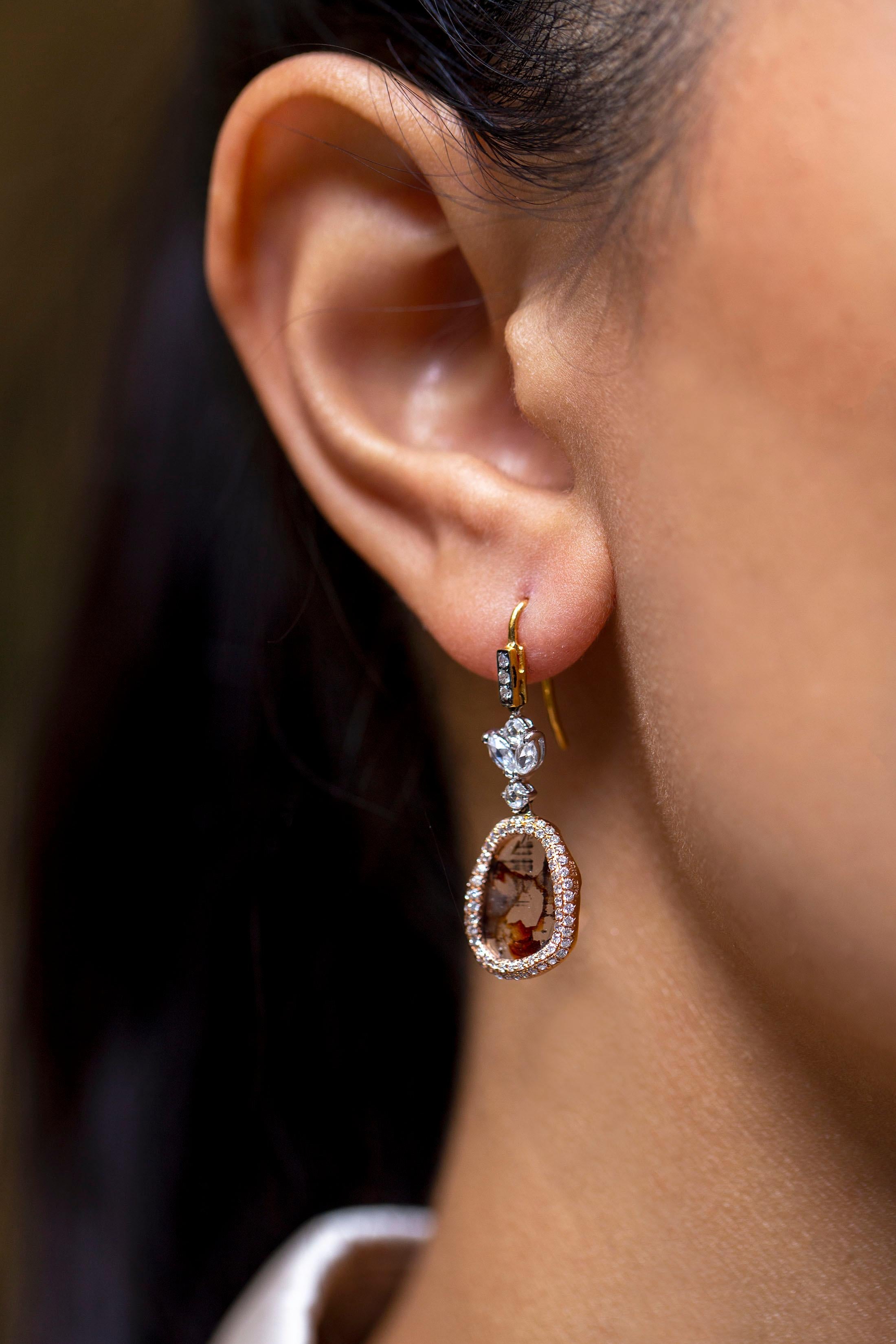 Women's Roman Malakov 5.27 Carats Total Sliced Diamond Dangle Earrings For Sale