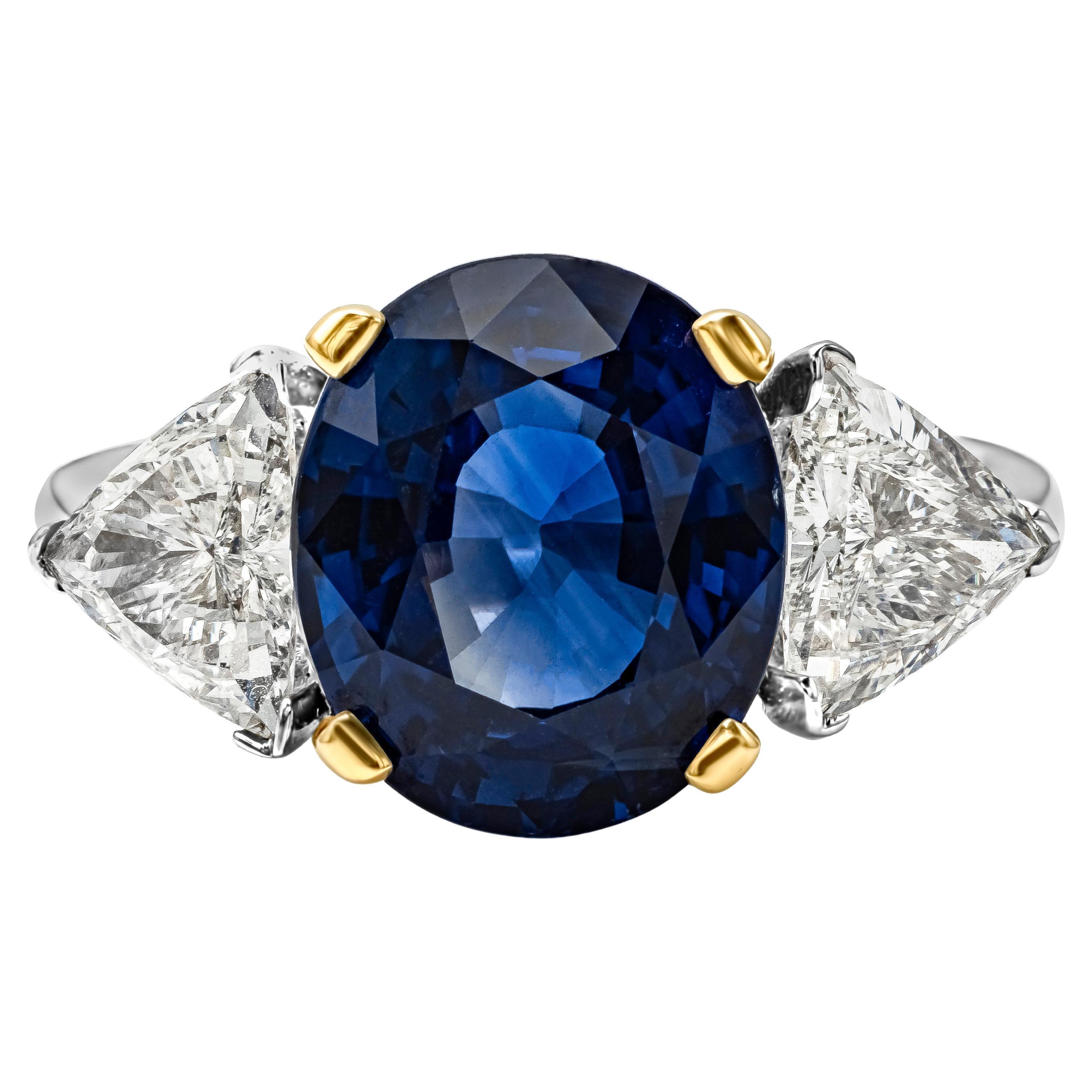 GIA Certified 5.28 Oval Cut Blue Sapphire & Diamond Three-Stone Engagement Ring