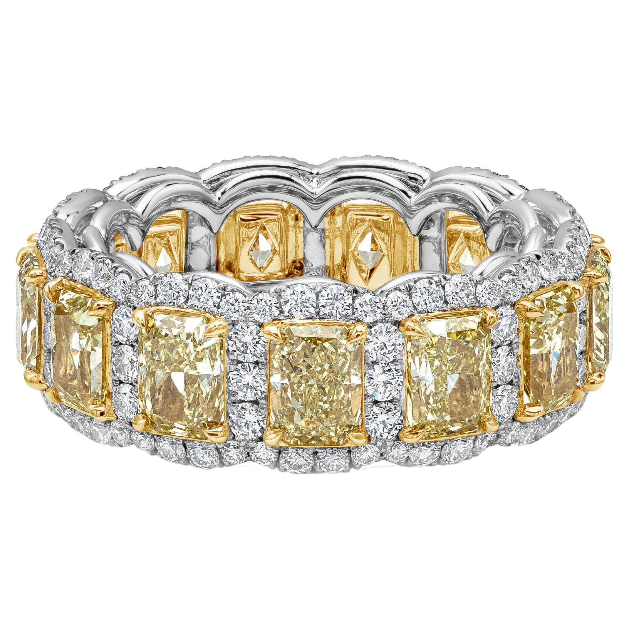 Roman Malakov 5.33 Carats Radiant Cut Yellow Diamond Halo Eternity Wedding Band For Sale