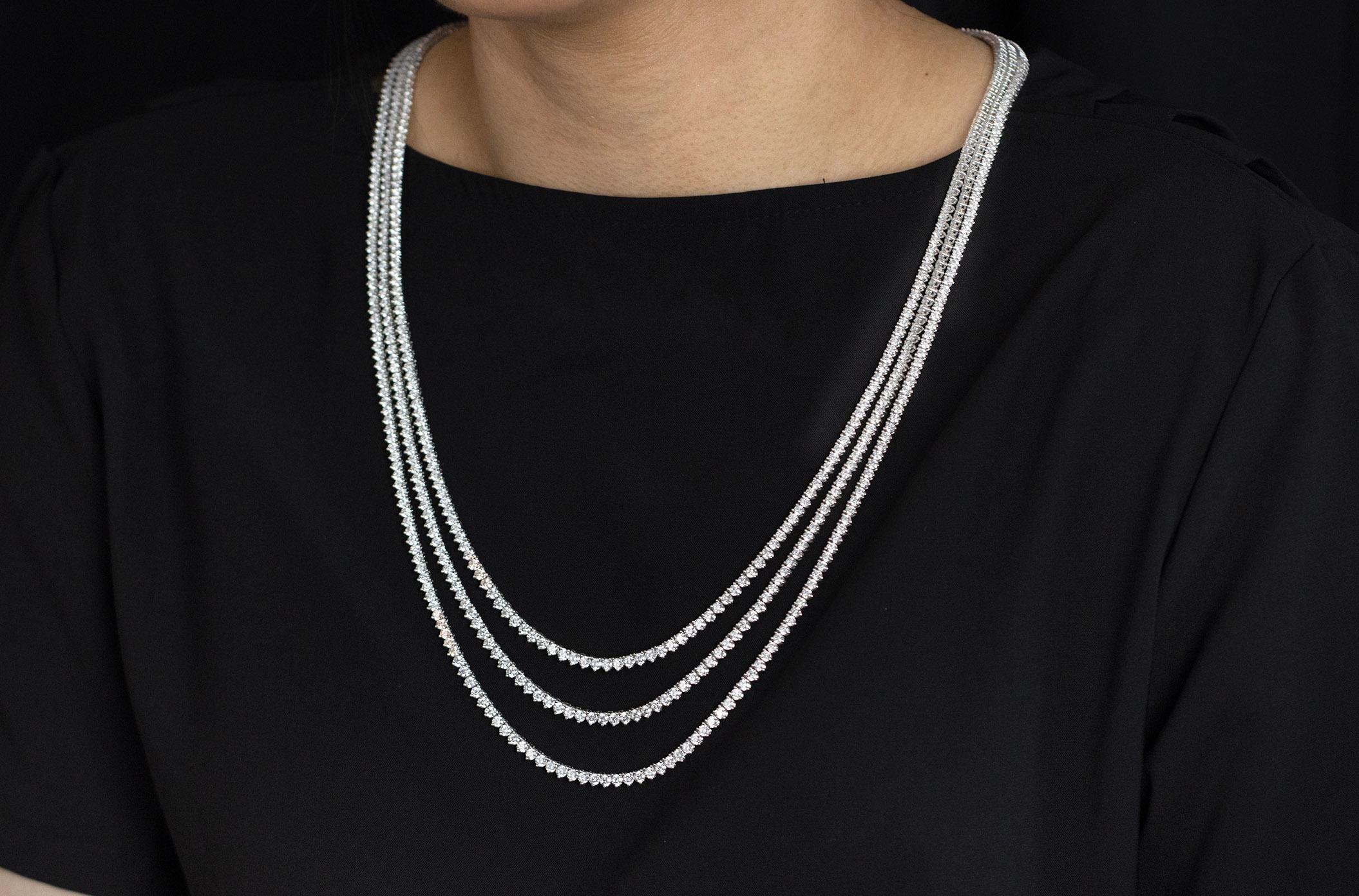 Roman Malakov 54.16 Carats Total Round Cut Diamond Three-Row Tennis Necklace In New Condition For Sale In New York, NY