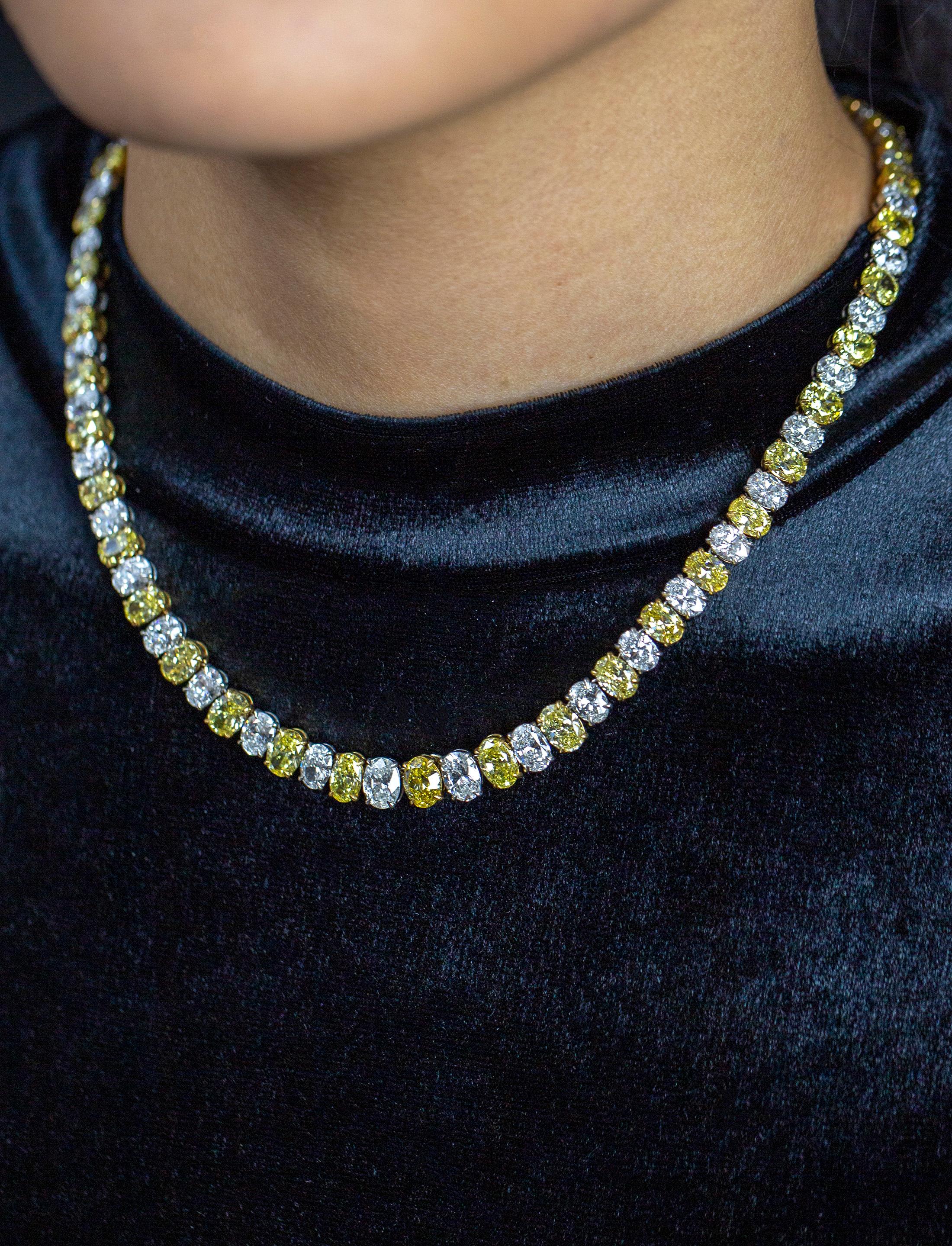Contemporary Roman Malakov 54.75 Carat Oval Cut Yellow and White Diamond Tennis Necklace For Sale
