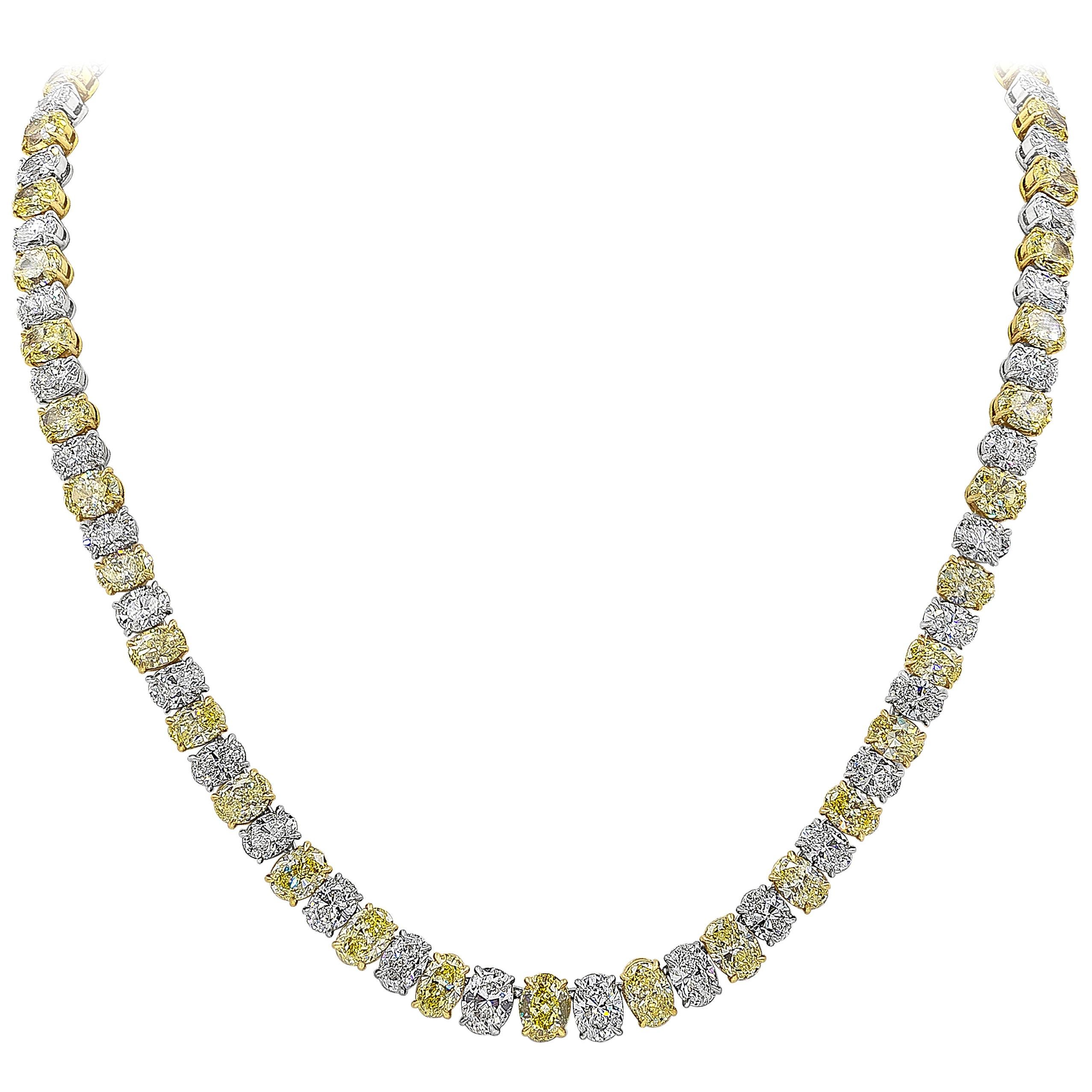 Roman Malakov 54.75 Carat Oval Cut Yellow and White Diamond Tennis Necklace For Sale