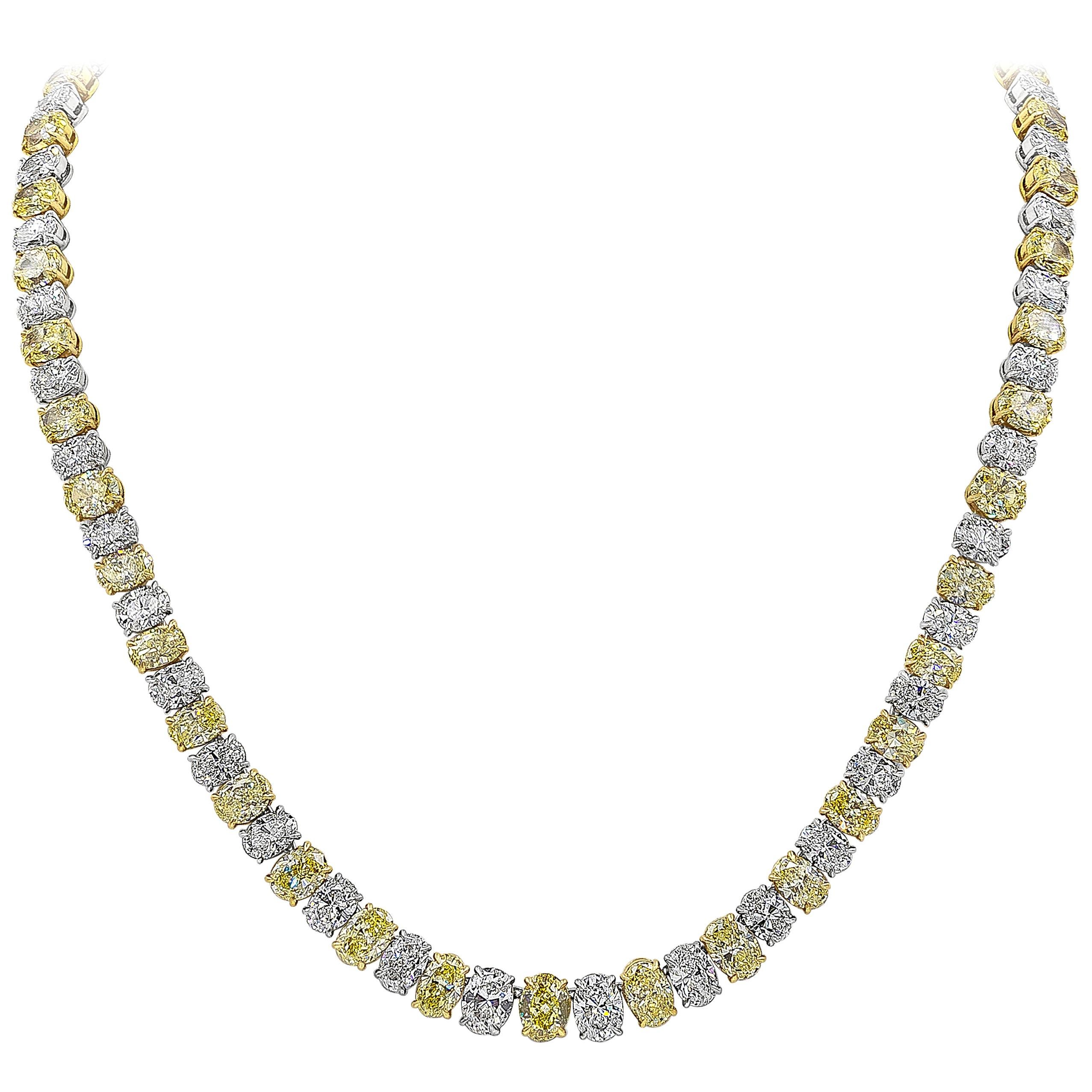 Roman Malakov 54.75 Carat Oval Cut Yellow and White Diamond Tennis Necklace