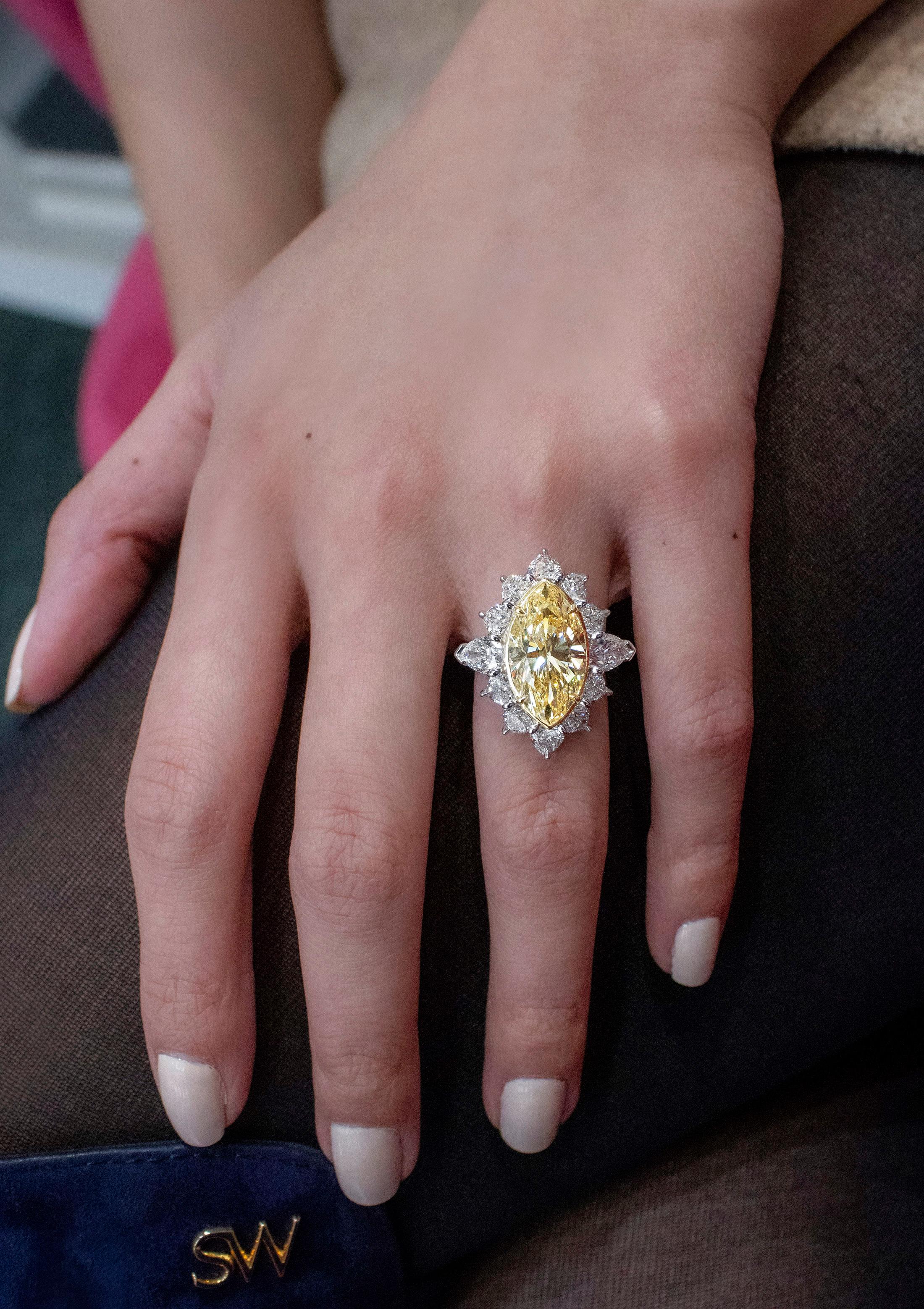 Contemporary Roman Malakov, 5.58 Carat Fancy Light Yellow Marquise Cut Diamond Halo Ring For Sale