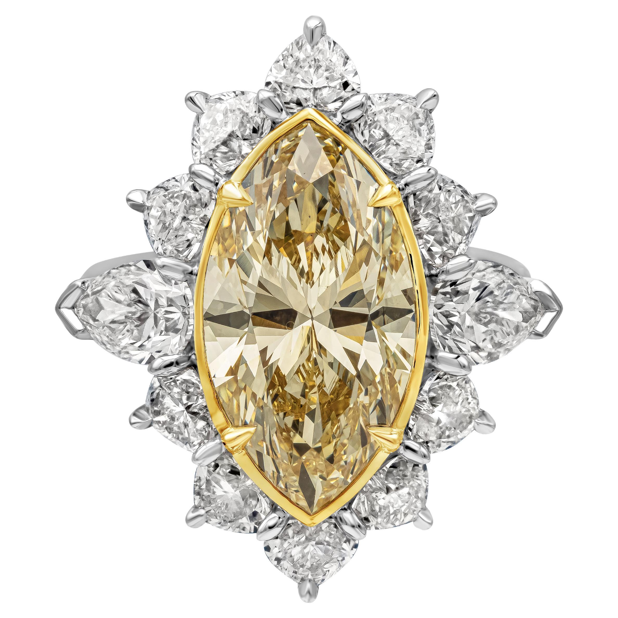 Roman Malakov, 5.58 Carat Fancy Light Yellow Marquise Cut Diamond Halo Ring For Sale