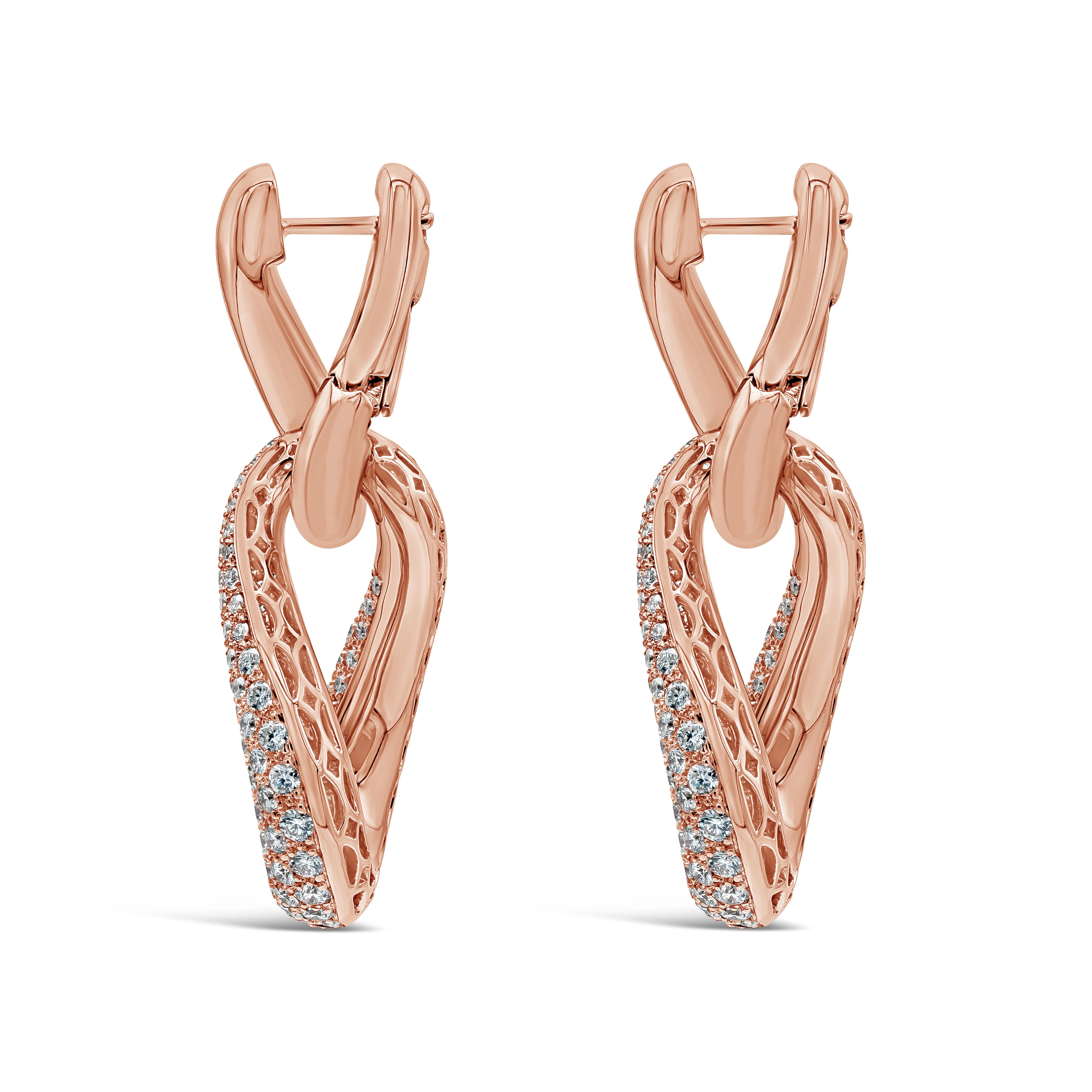 Contemporary Roman Malakov 5.68 Carat Total Round Diamond Intertwined Drop Fashion Earrings For Sale