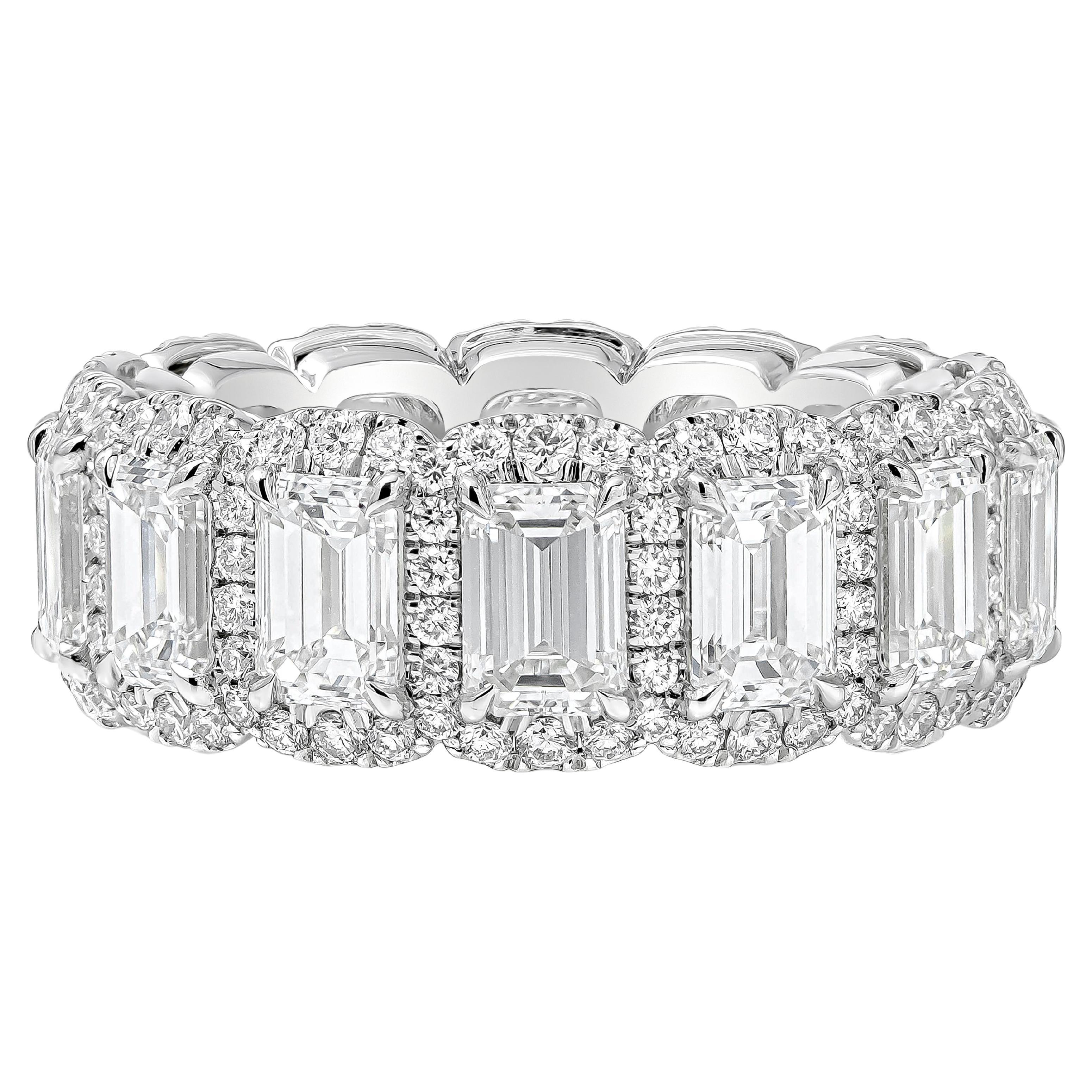 Roman Malakov 5.73 Carats Total Emerald Cut Diamond Halo Eternity Band For Sale