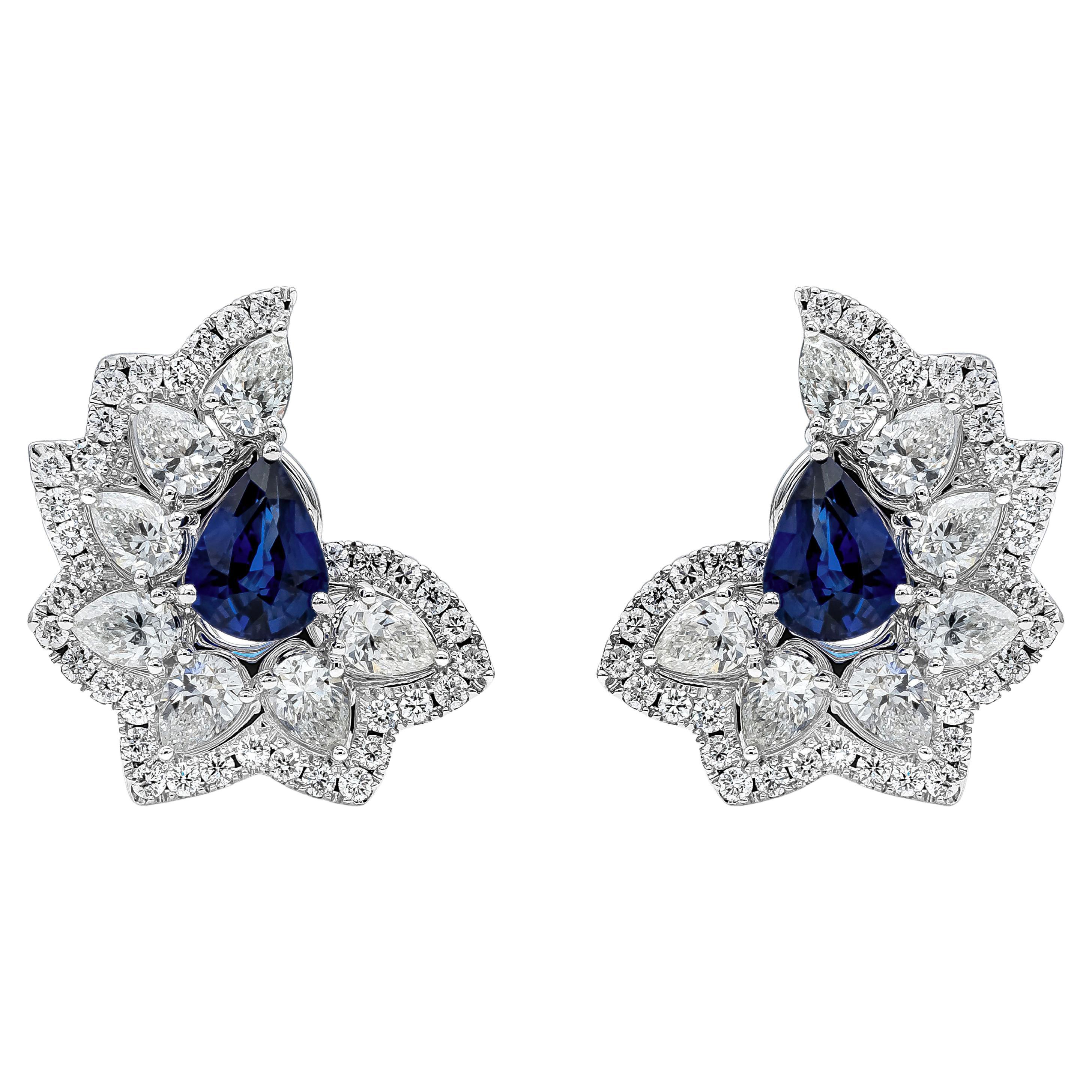 Roman Malakov 6.02 Carat Total Pear Shape Blue Sapphire and Diamond Earrings