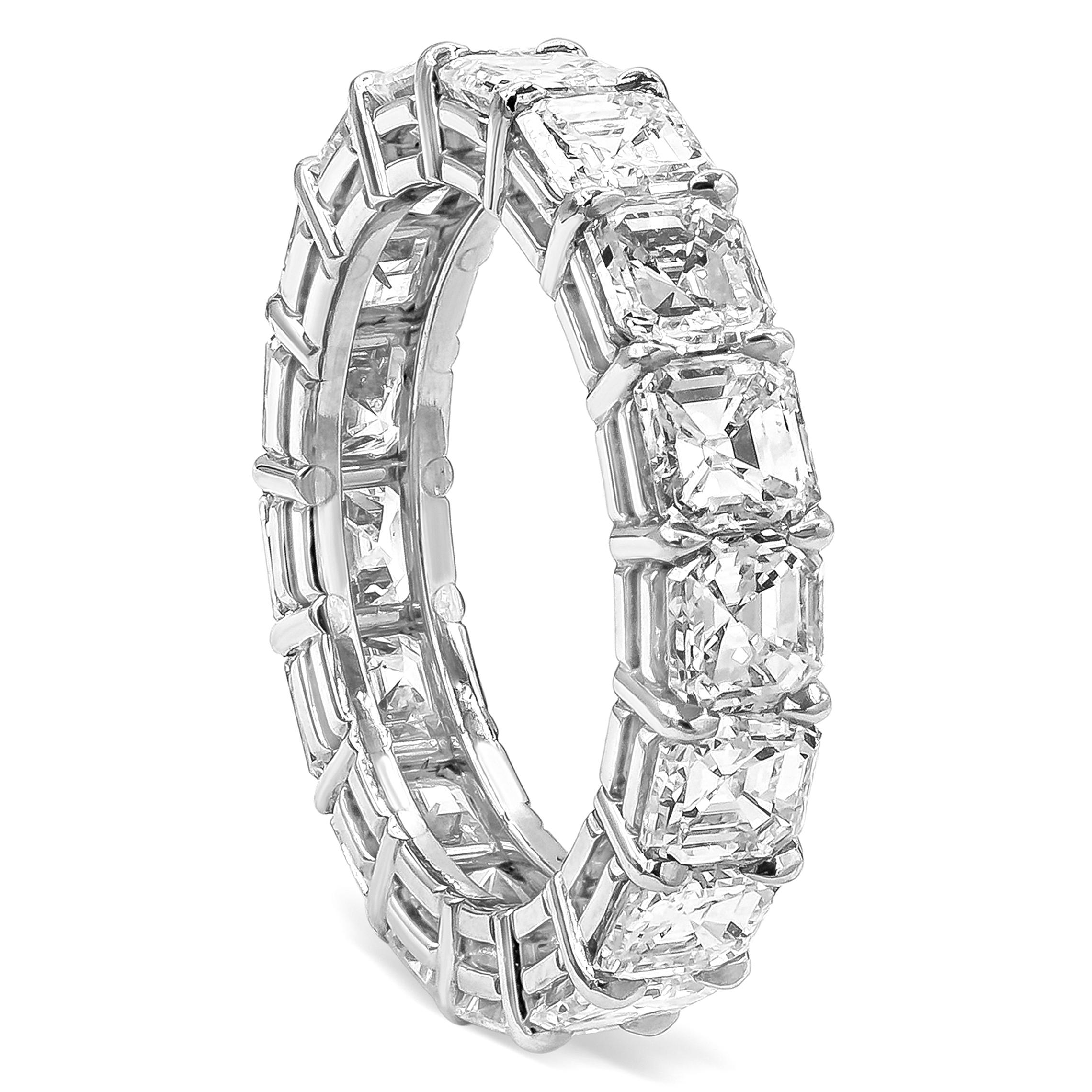 Features a row of asscher cut diamonds weighing 6.08 carats total. Eternity set in a shared-prong, open gallery setting Made with Platinum. Size 6.75 US.

G-H color
VS-VVS

Style available in different price ranges. Prices are based on your